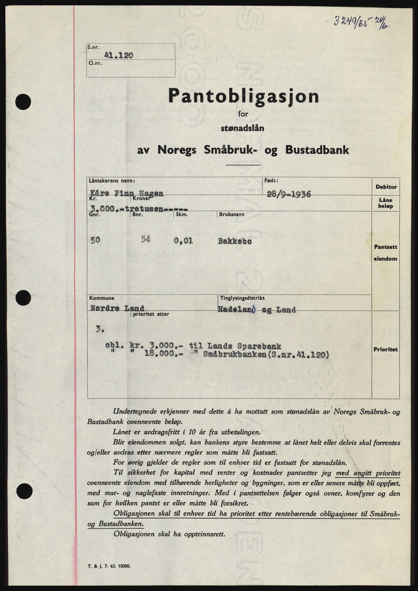 Hadeland og Land tingrett, SAH/TING-010/H/Hb/Hbc/L0059: Pantebok nr. B59, 1965-1965, Dagboknr: 3249/1965