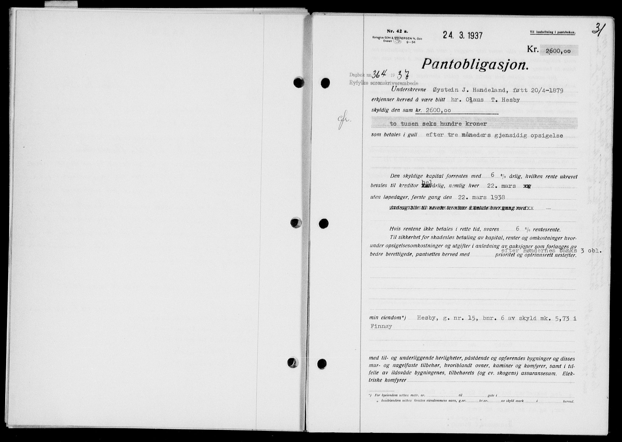 Ryfylke tingrett, SAST/A-100055/001/II/IIB/L0075: Pantebok nr. 54, 1937-1937, Dagboknr: 364/1937