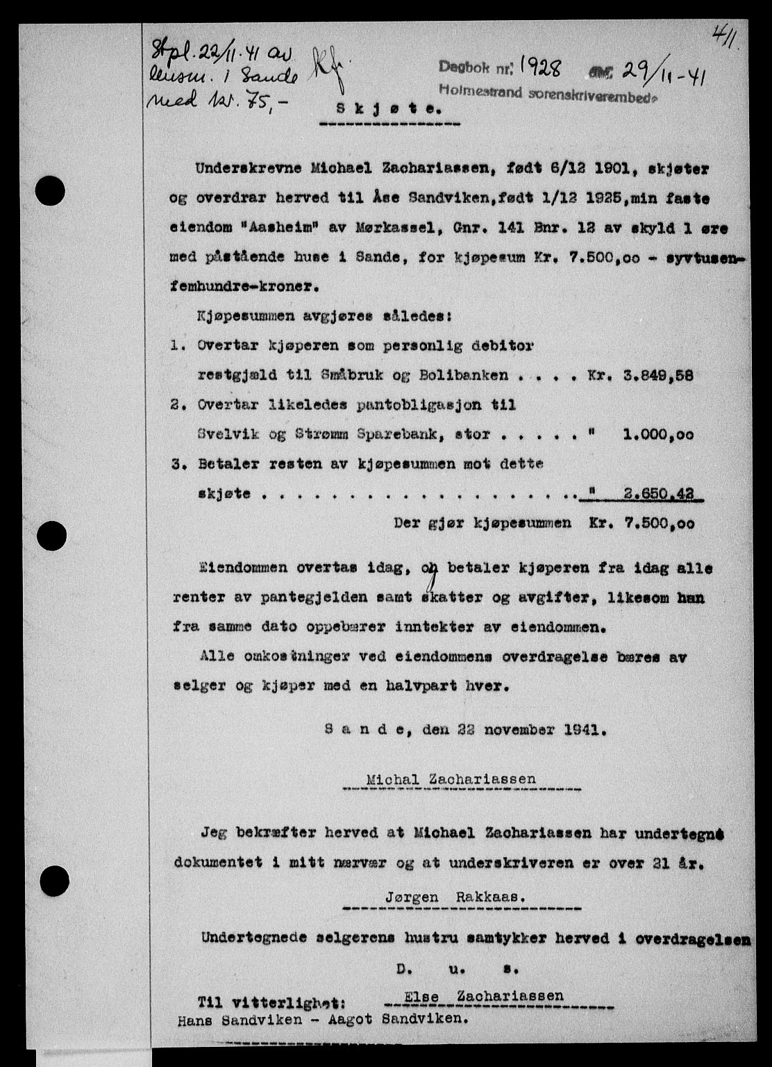 Holmestrand sorenskriveri, SAKO/A-67/G/Ga/Gaa/L0054: Pantebok nr. A-54, 1941-1942, Dagboknr: 1928/1941