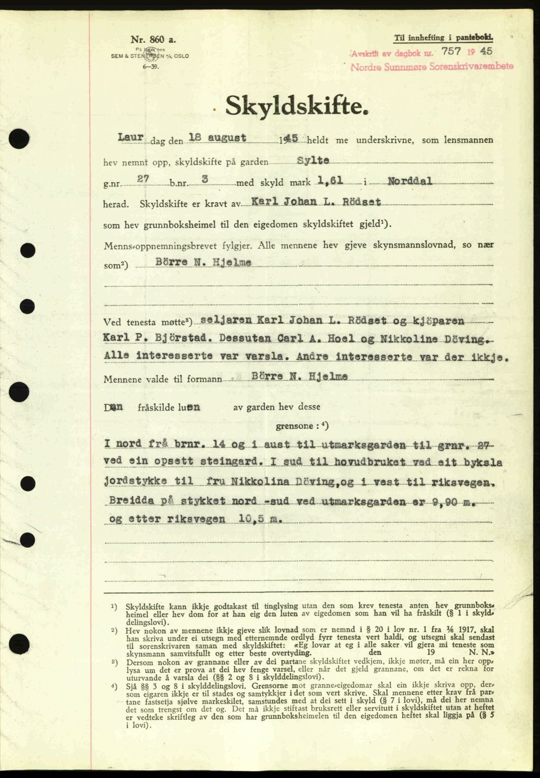 Nordre Sunnmøre sorenskriveri, AV/SAT-A-0006/1/2/2C/2Ca: Pantebok nr. A20a, 1945-1945, Dagboknr: 757/1945