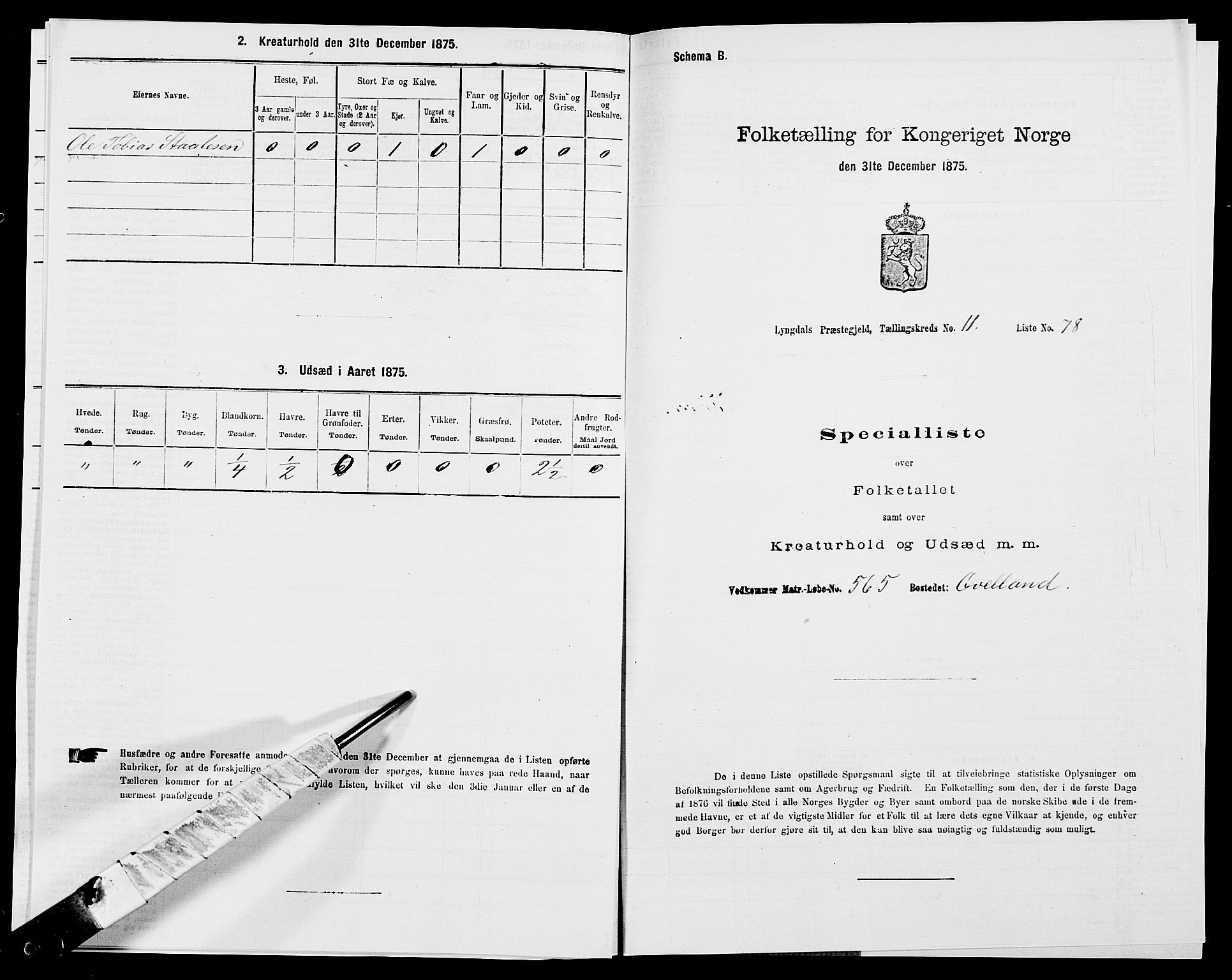 SAK, Folketelling 1875 for 1032P Lyngdal prestegjeld, 1875, s. 1857