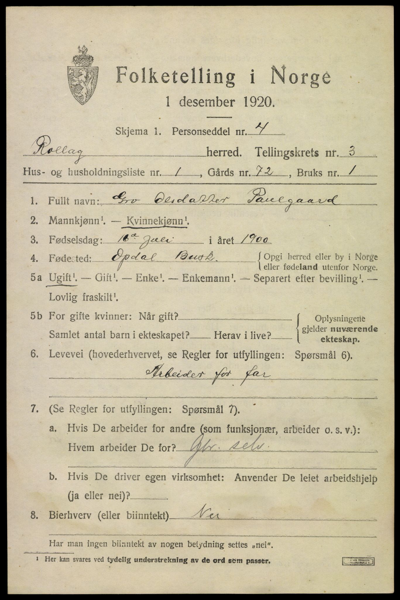 SAKO, Folketelling 1920 for 0632 Rollag herred, 1920, s. 1322