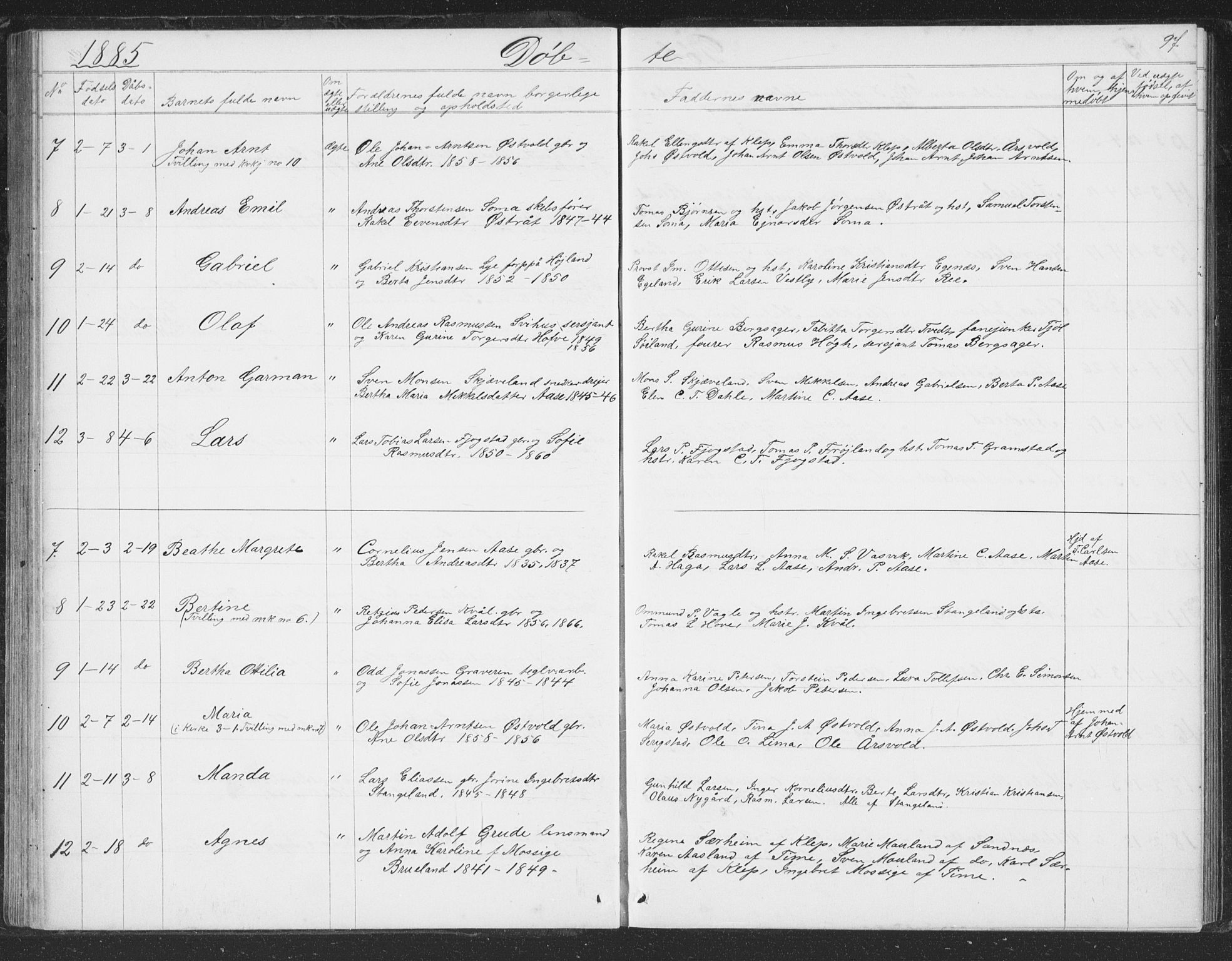 Høyland sokneprestkontor, AV/SAST-A-101799/001/30BB/L0002: Klokkerbok nr. B 2, 1874-1886, s. 97