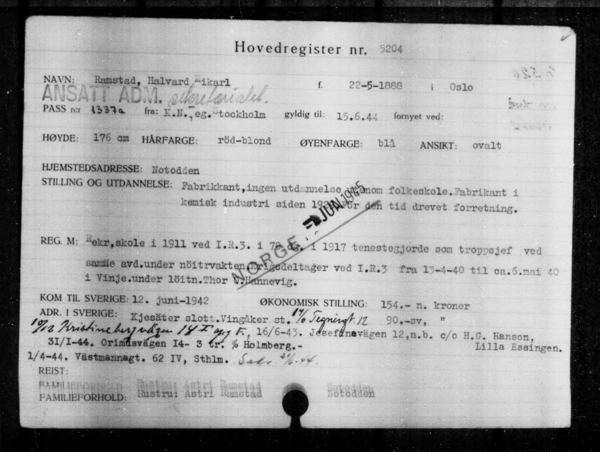 Utenriksstasjonene, Legasjonen i Stockholm, Flyktningkontoret, AV/RA-S-6753/V/Va/L0004: Kjesäterkartoteket, flyktninger med registreringsnr. 3496-6610, 1940-1945, s. 1961