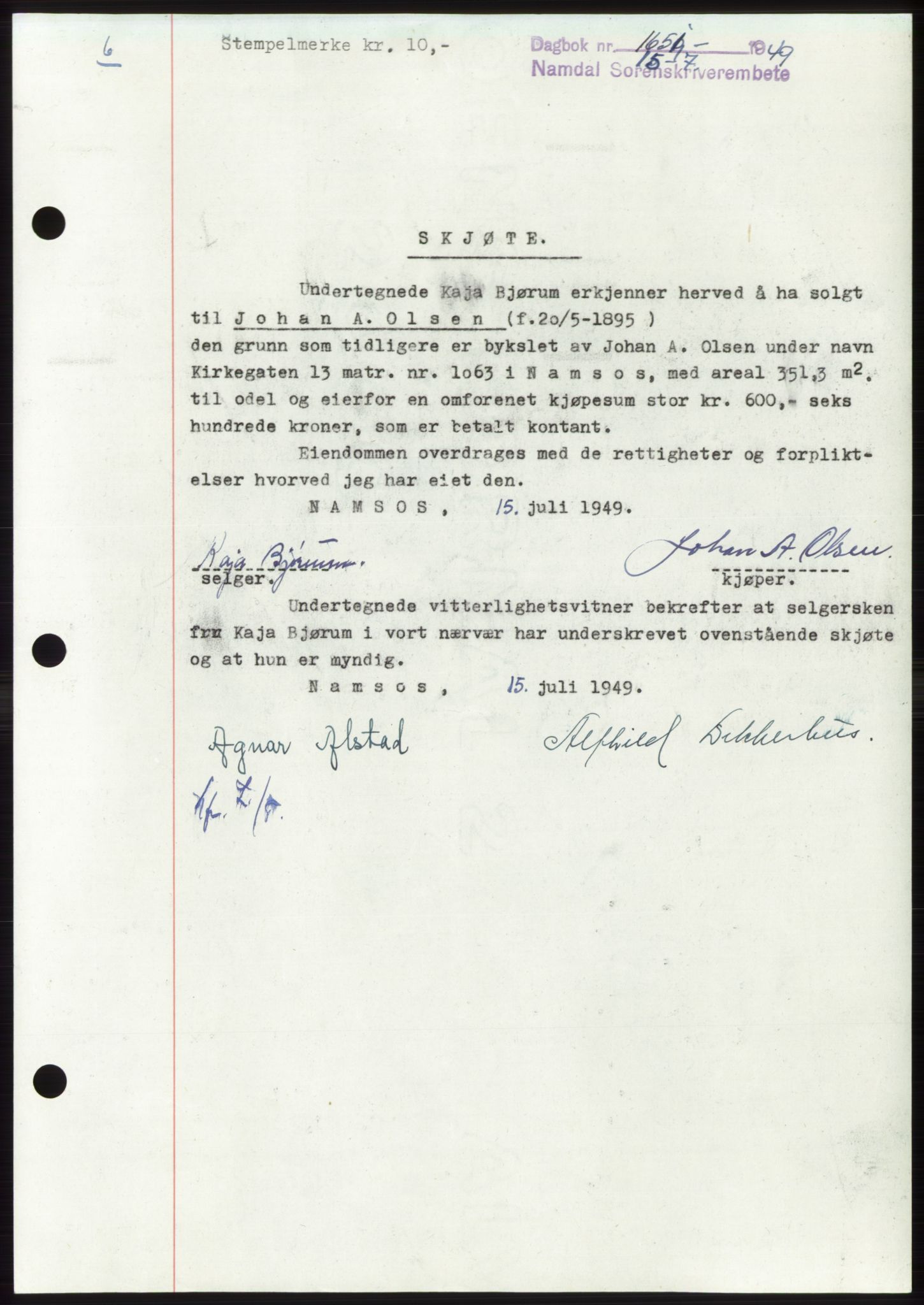 Namdal sorenskriveri, SAT/A-4133/1/2/2C: Pantebok nr. -, 1949-1949, Dagboknr: 1651/1949