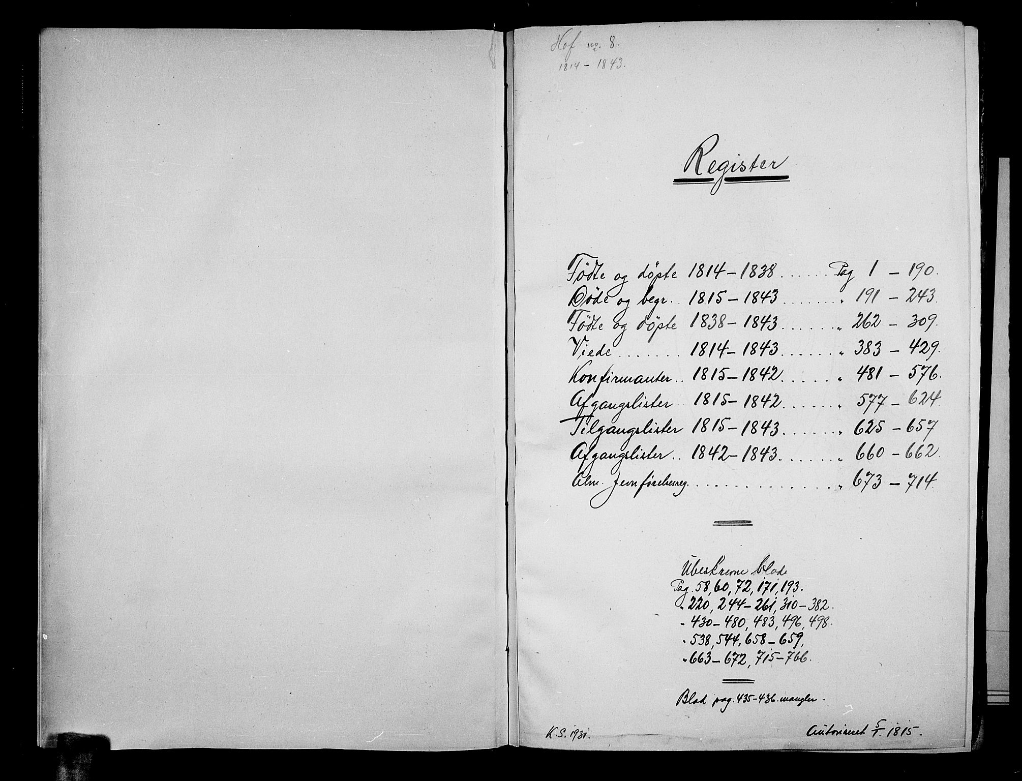 Hof kirkebøker, SAKO/A-64/F/Fa/L0004: Ministerialbok nr. I 4, 1814-1843