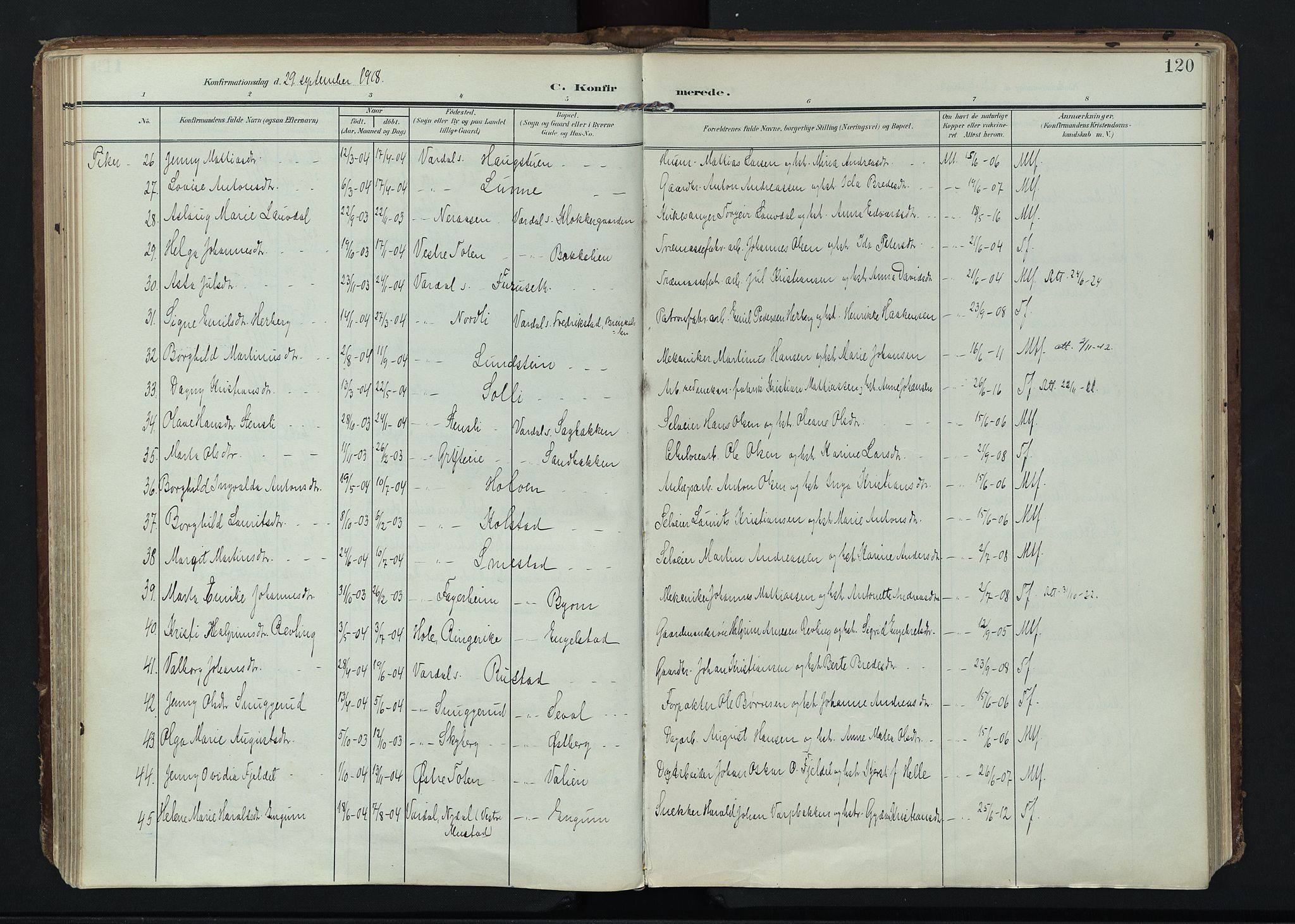 Vardal prestekontor, AV/SAH-PREST-100/H/Ha/Haa/L0020: Ministerialbok nr. 20, 1907-1921, s. 120