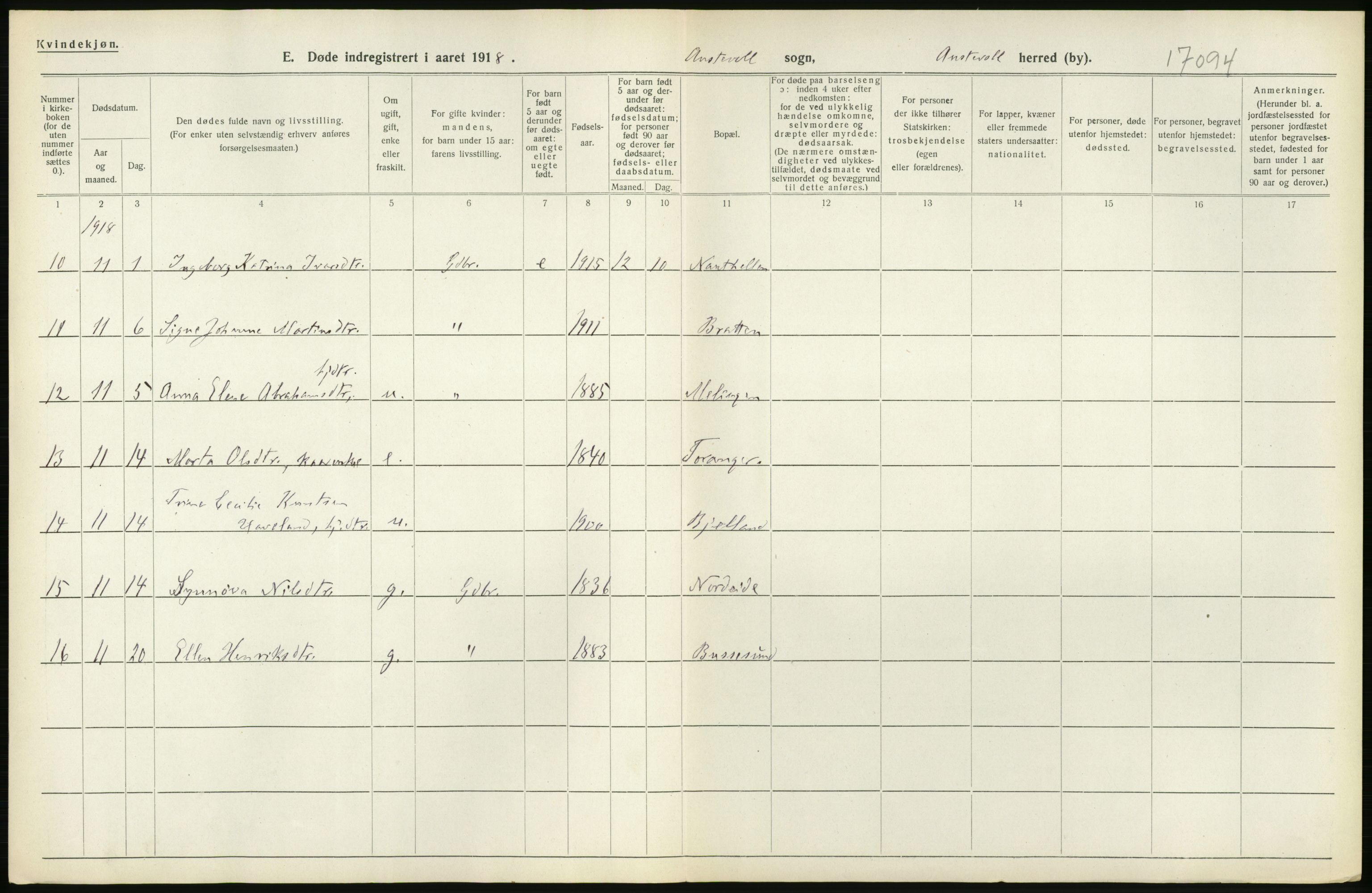 Statistisk sentralbyrå, Sosiodemografiske emner, Befolkning, RA/S-2228/D/Df/Dfb/Dfbh/L0036: Hordaland fylke: Døde., 1918, s. 486