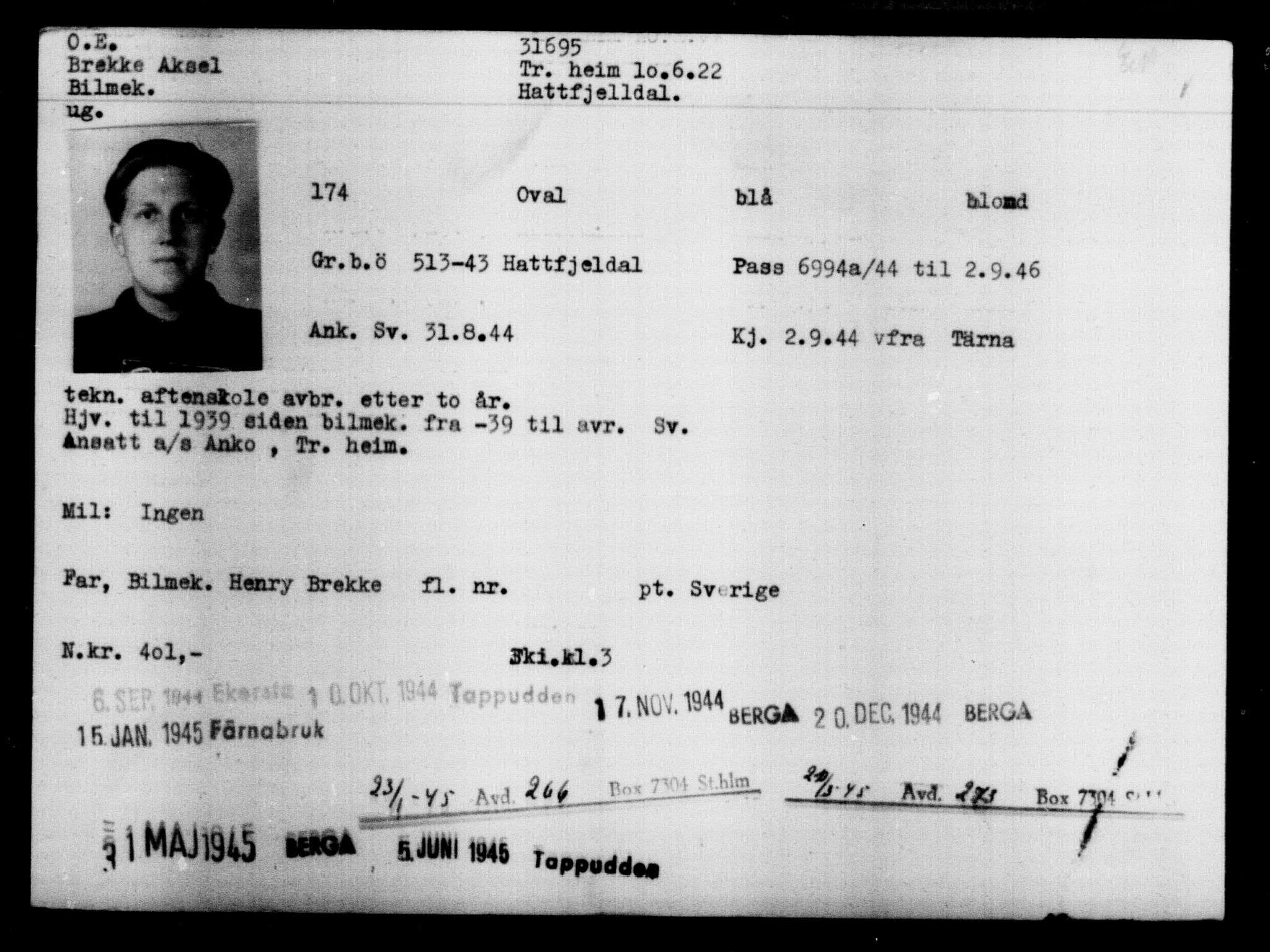 Utenriksstasjonene, Legasjonen i Stockholm, Flyktningkontoret, AV/RA-S-6753/V/Va/L0013: Kjesäterkartoteket, flyktninger med registreringsnr. 31500-34731, 1940-1945, s. 211