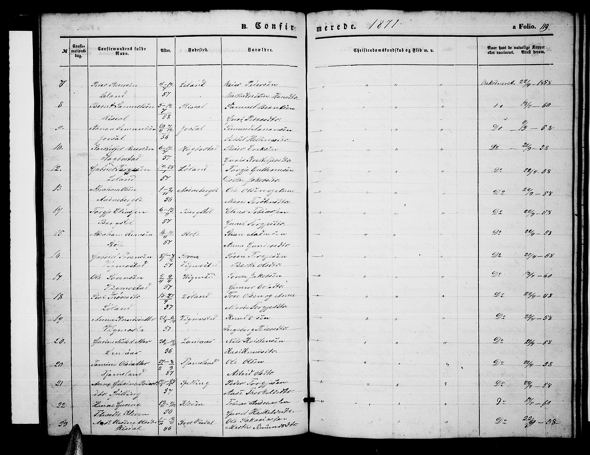 Nord-Audnedal sokneprestkontor, AV/SAK-1111-0032/F/Fb/Fbb/L0002: Klokkerbok nr. B 2, 1859-1882, s. 119