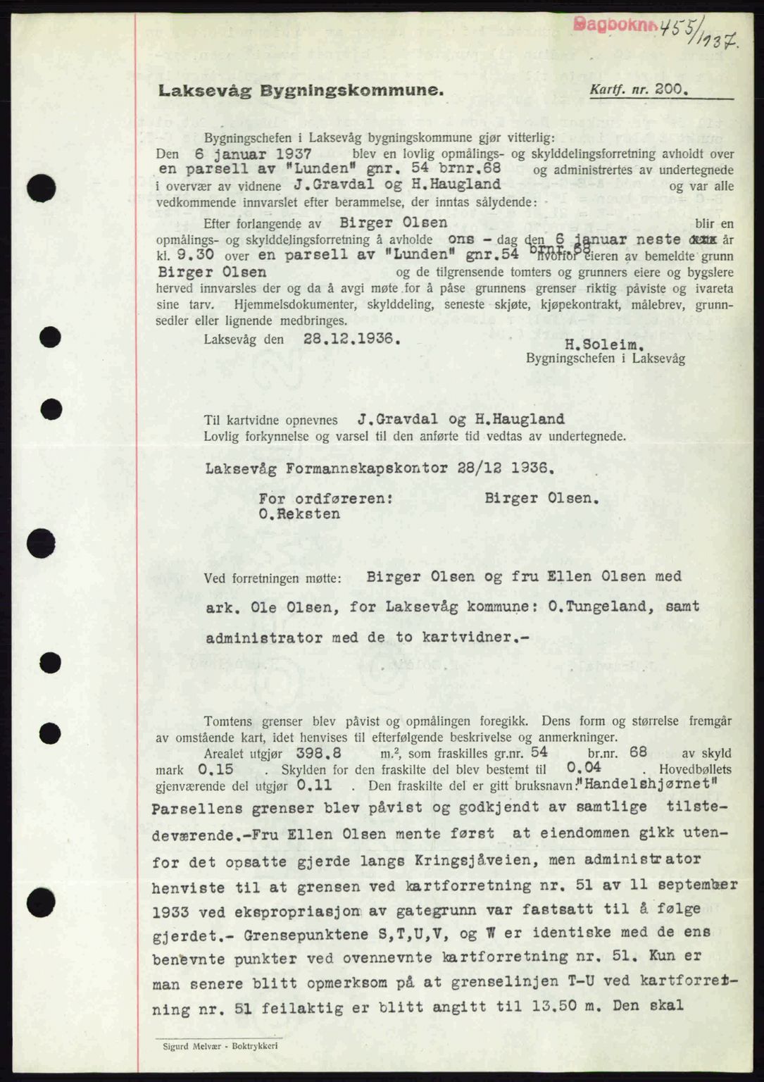 Midhordland sorenskriveri, SAB/A-3001/1/G/Gb/Gbk/L0001: Pantebok nr. A1-6, 1936-1937, Dagboknr: 455/1937