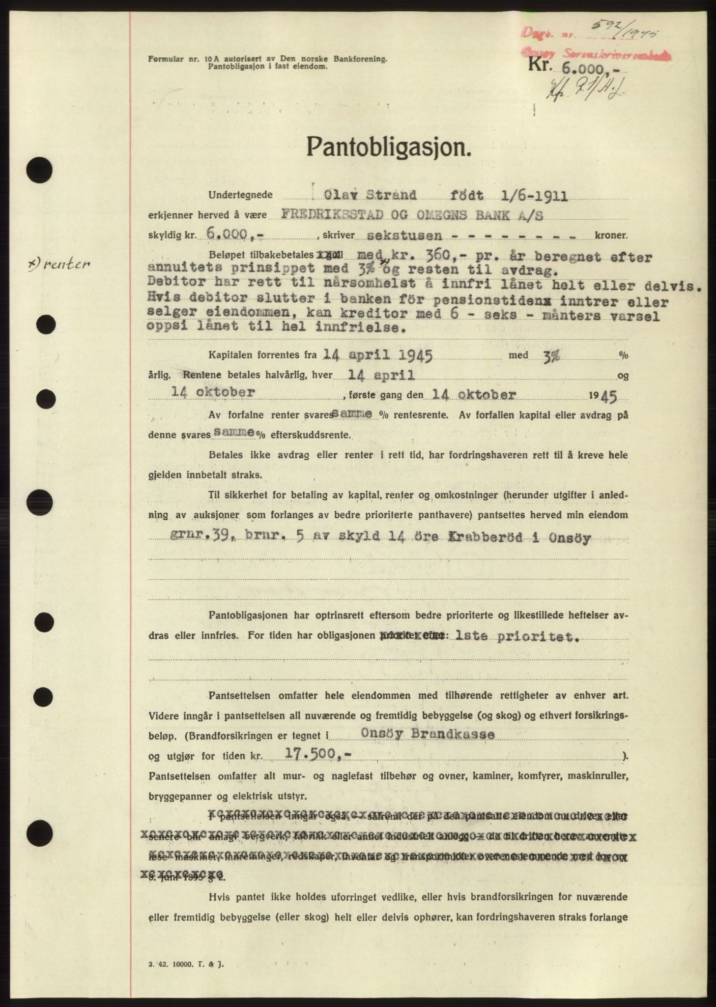 Onsøy sorenskriveri, SAO/A-10474/G/Ga/Gac/L0004: Pantebok nr. B4, 1944-1946, Dagboknr: 592/1945