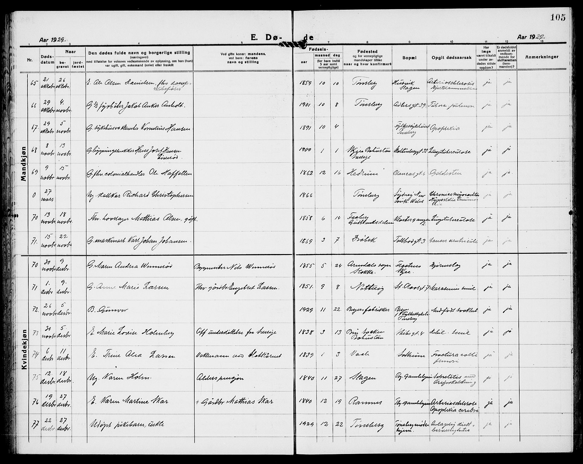 Tønsberg kirkebøker, AV/SAKO-A-330/G/Ga/L0018: Klokkerbok nr. 18, 1920-1935, s. 105