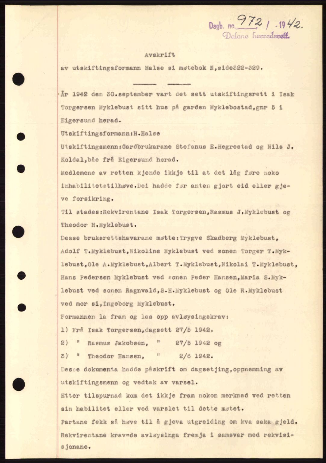 Dalane sorenskriveri, SAST/A-100309/02/G/Gb/L0046: Pantebok nr. A7, 1942-1943, Dagboknr: 972/1942