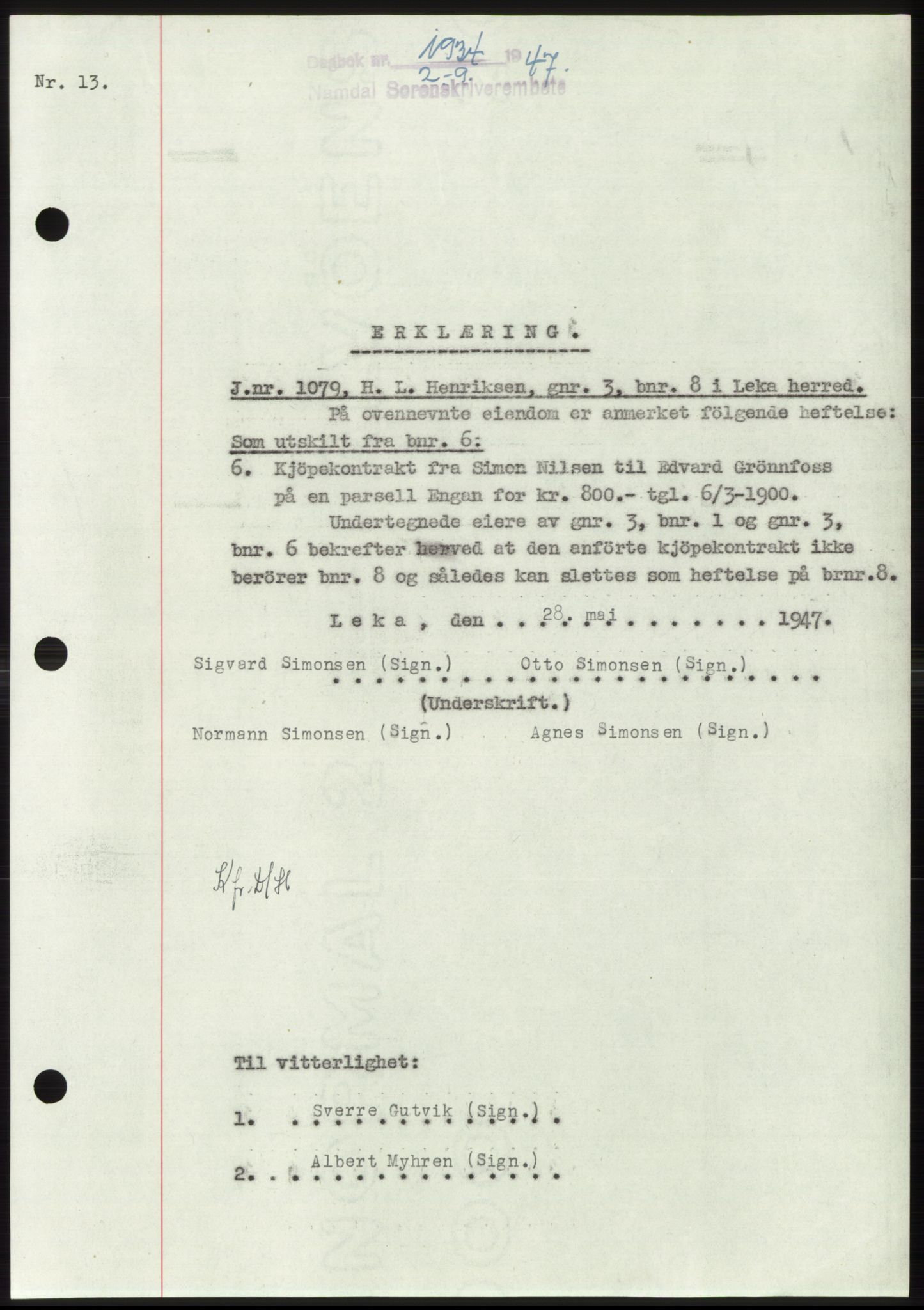 Namdal sorenskriveri, SAT/A-4133/1/2/2C: Pantebok nr. -, 1947-1947, Dagboknr: 1934/1947
