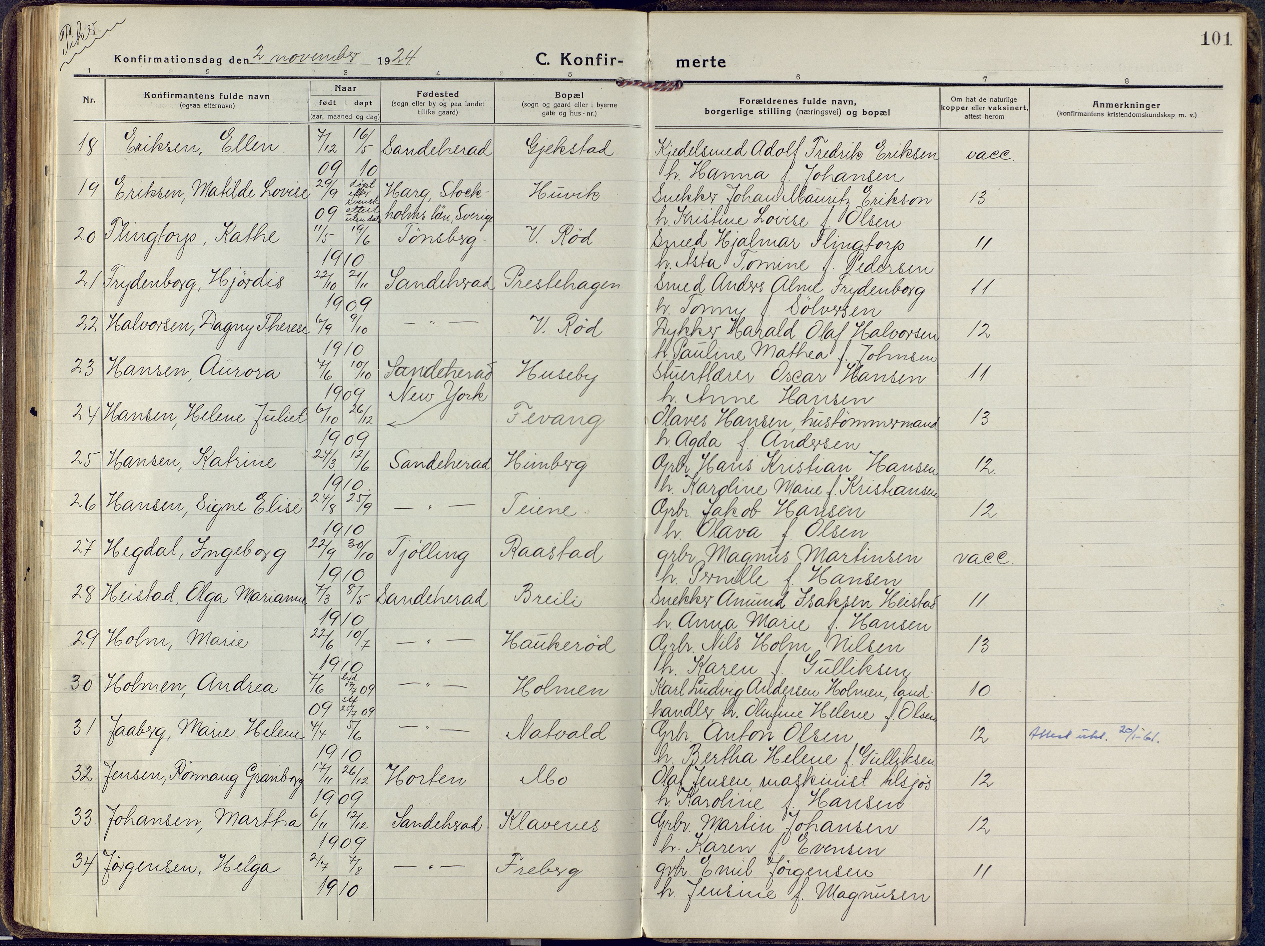 Sandar kirkebøker, AV/SAKO-A-243/F/Fa/L0018: Ministerialbok nr. 18, 1917-1926, s. 101