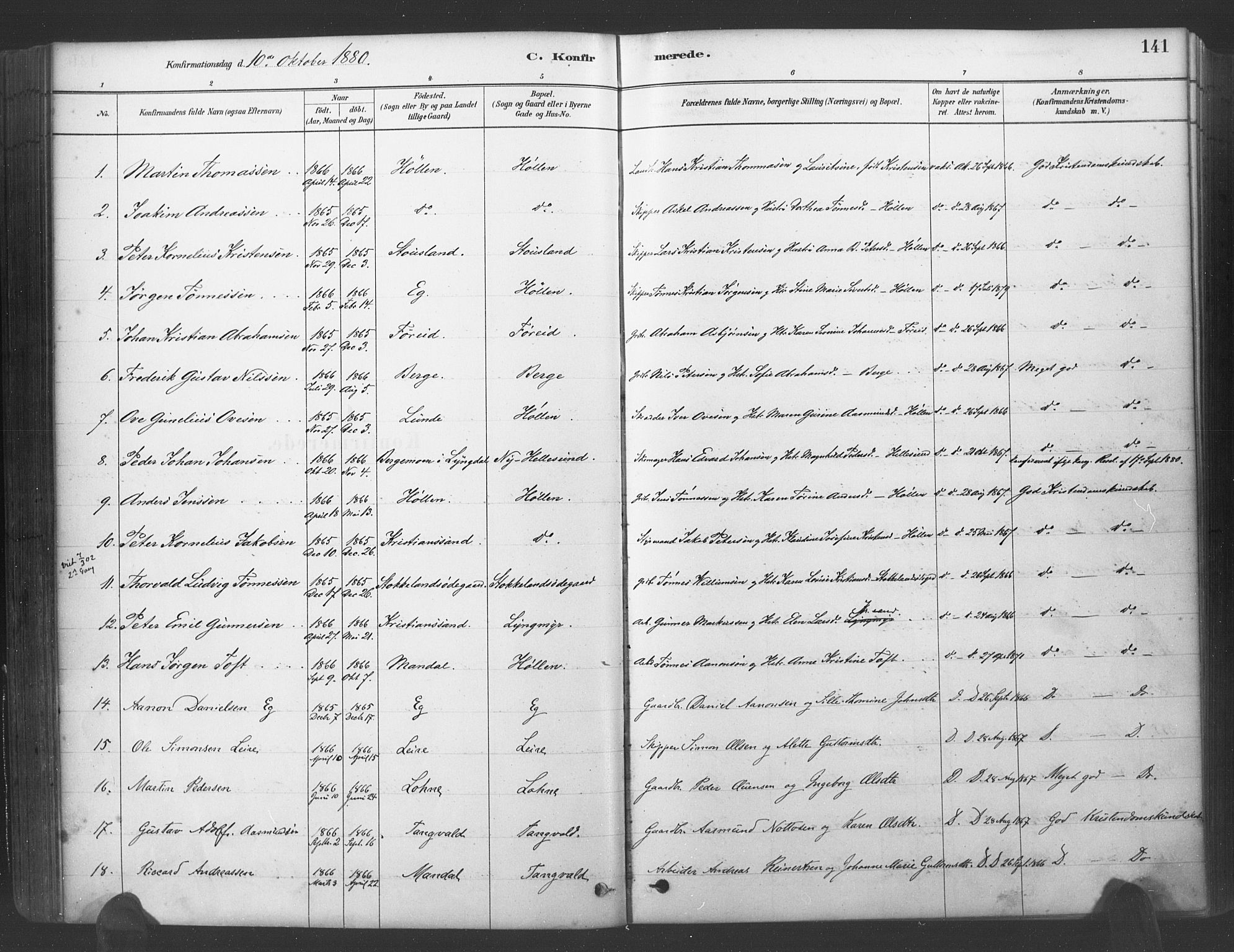 Søgne sokneprestkontor, SAK/1111-0037/F/Fa/Fab/L0012: Ministerialbok nr. A 12, 1880-1891, s. 141