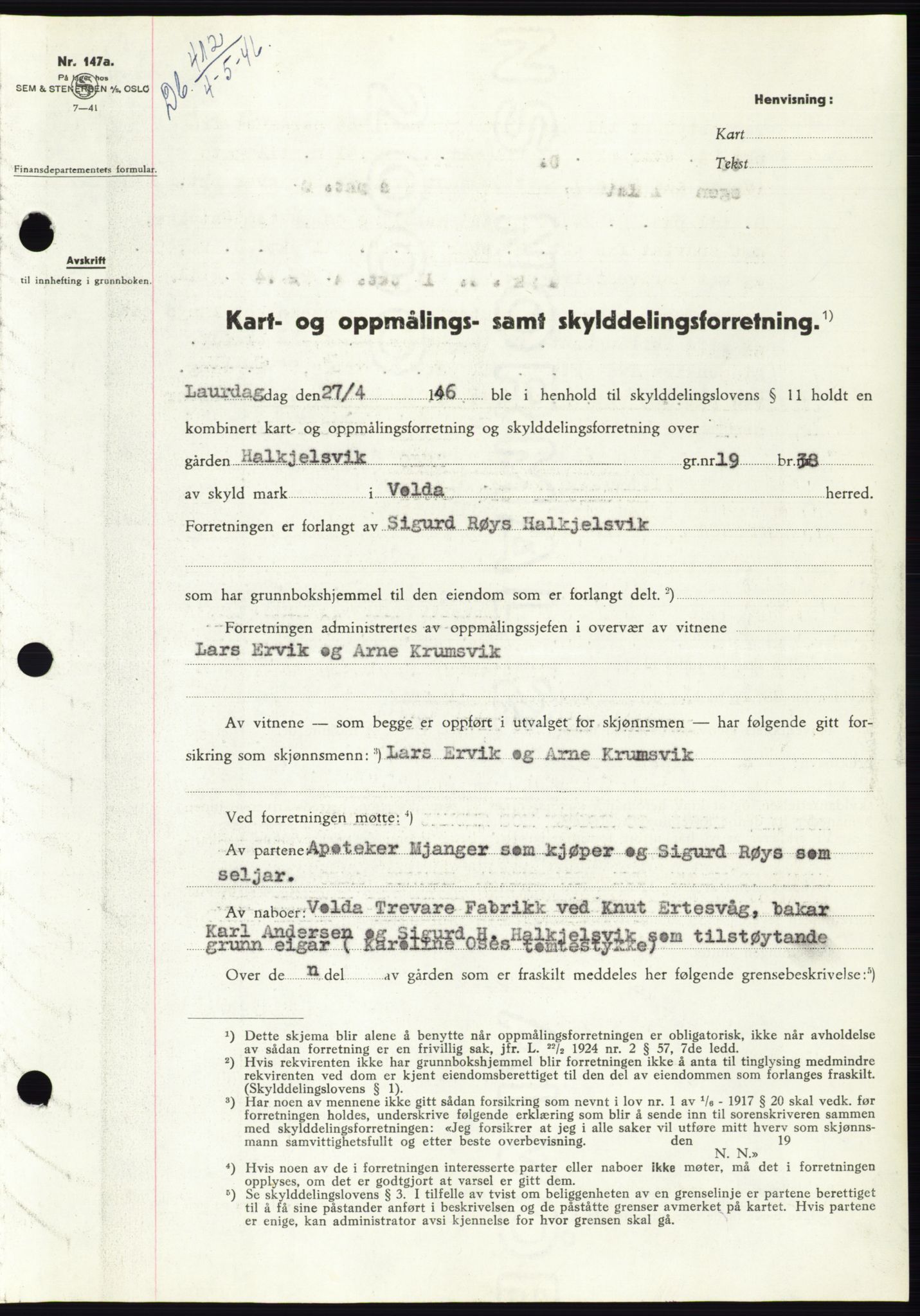 Søre Sunnmøre sorenskriveri, SAT/A-4122/1/2/2C/L0078: Pantebok nr. 4A, 1946-1946, Dagboknr: 412/1946
