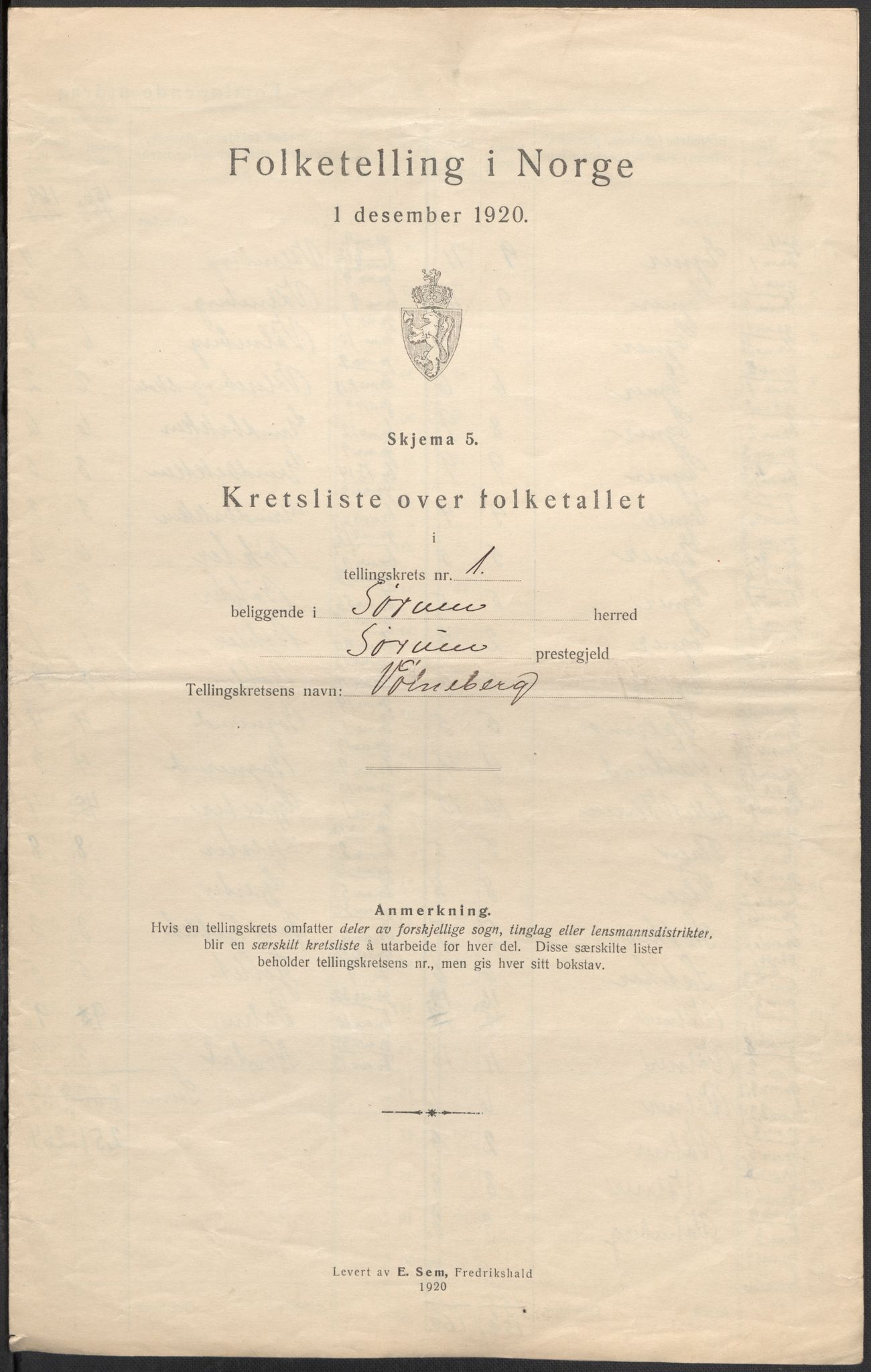 SAO, Folketelling 1920 for 0226 Sørum herred, 1920, s. 5