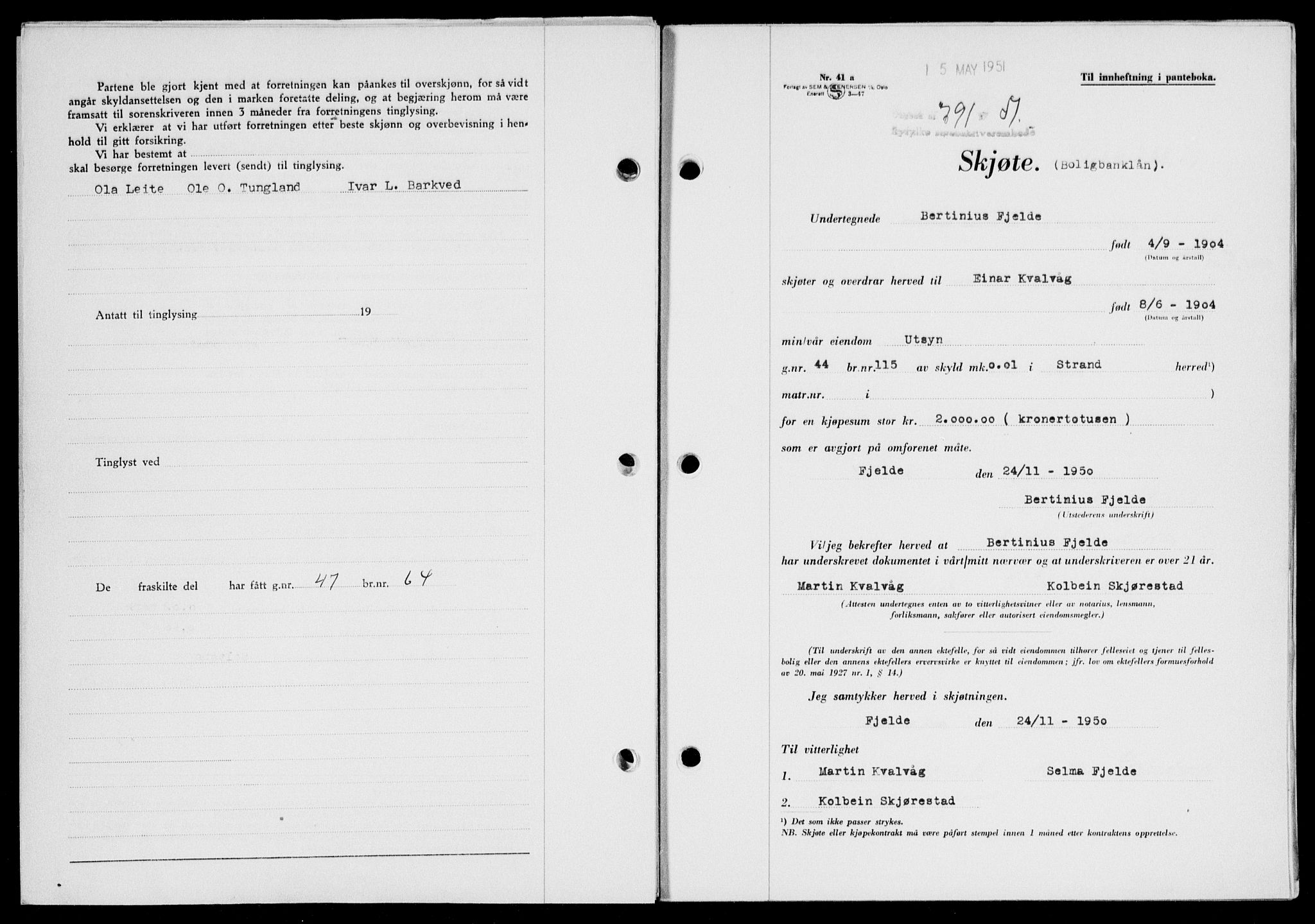 Ryfylke tingrett, SAST/A-100055/001/II/IIB/L0113: Pantebok nr. 92, 1951-1951, Dagboknr: 791/1951