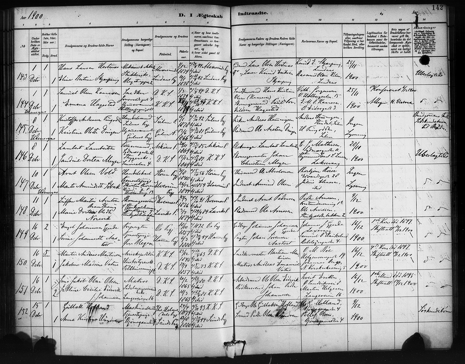 Korskirken sokneprestembete, AV/SAB-A-76101/H/Haa/L0037: Ministerialbok nr. D 4, 1883-1904, s. 142