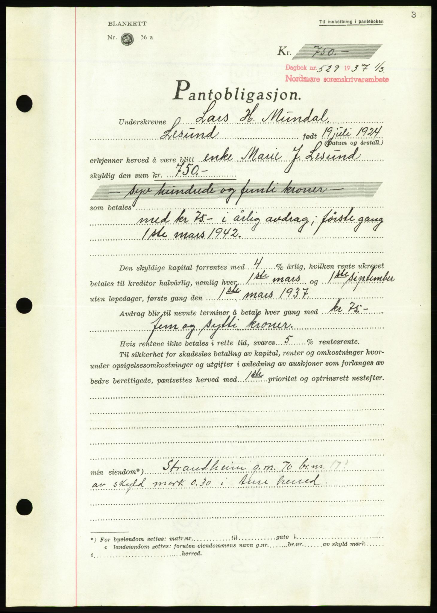 Nordmøre sorenskriveri, AV/SAT-A-4132/1/2/2Ca/L0091: Pantebok nr. B81, 1937-1937, Dagboknr: 529/1937