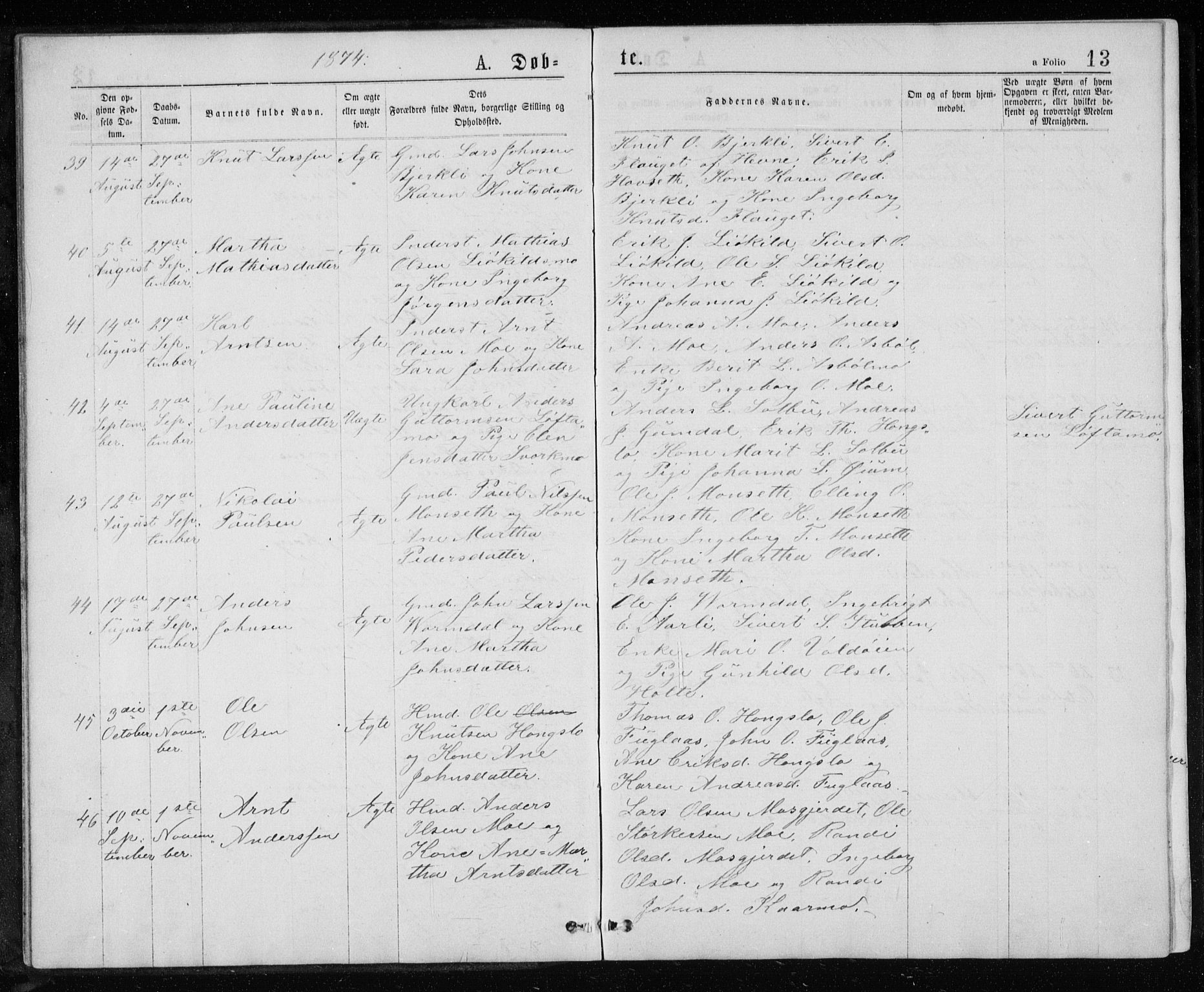 Ministerialprotokoller, klokkerbøker og fødselsregistre - Sør-Trøndelag, AV/SAT-A-1456/671/L0843: Klokkerbok nr. 671C02, 1873-1892, s. 13