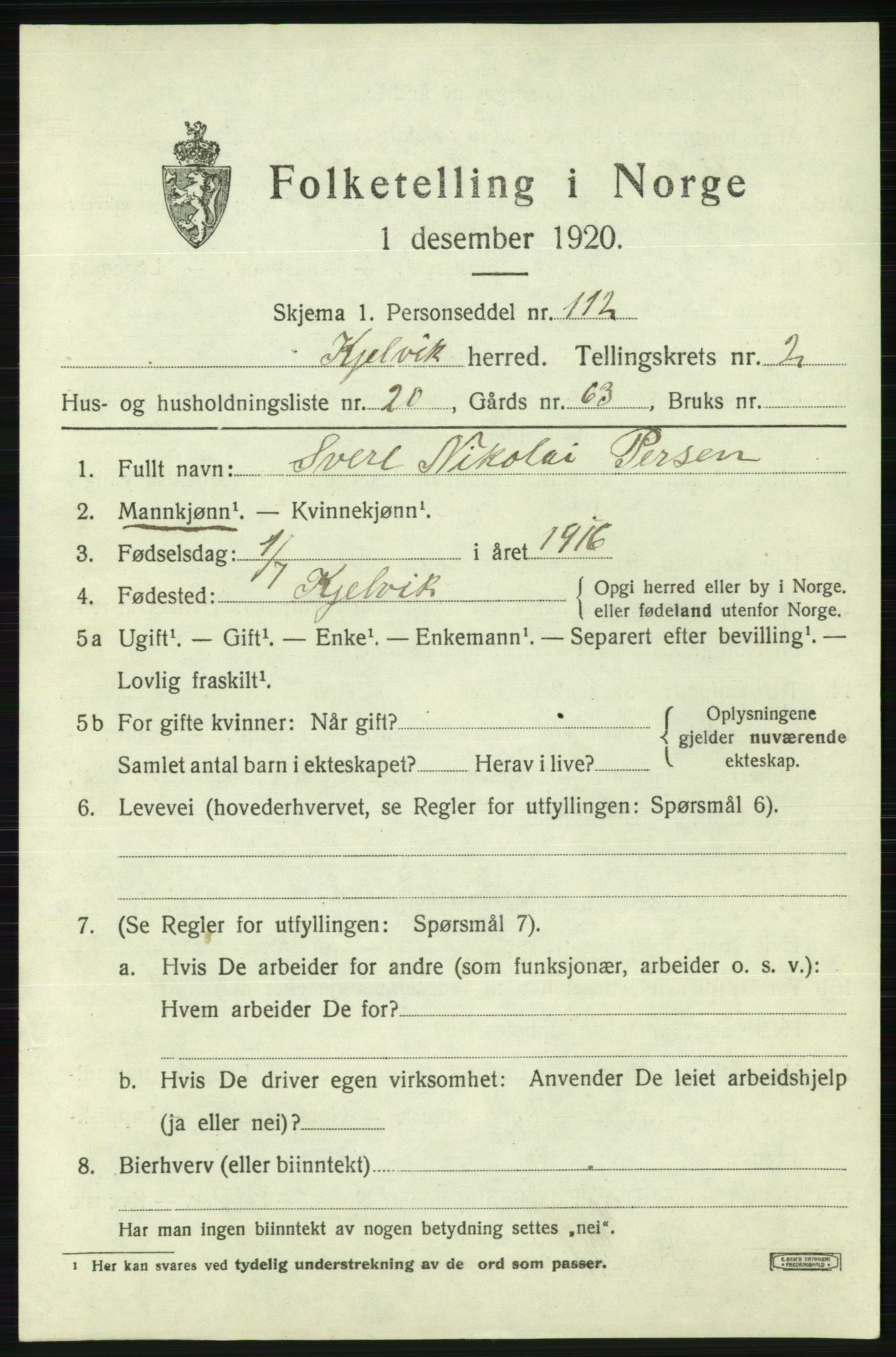 SATØ, Folketelling 1920 for 2019 Kjelvik herred, 1920, s. 1609