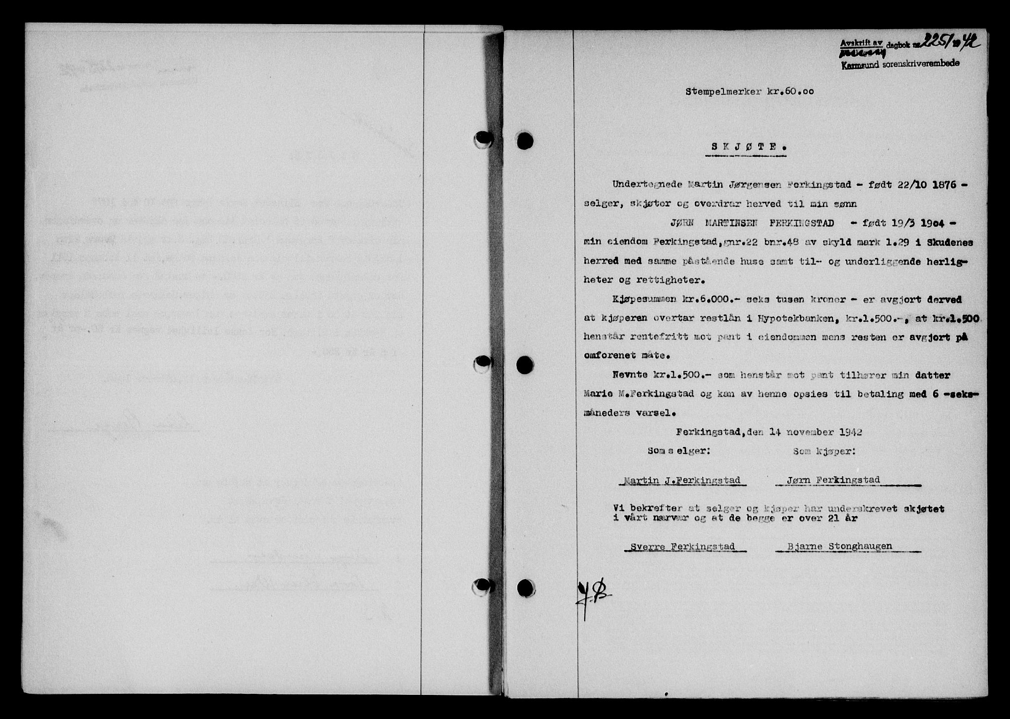 Karmsund sorenskriveri, SAST/A-100311/01/II/IIB/L0079: Pantebok nr. 60A, 1942-1943, Dagboknr: 2251/1942