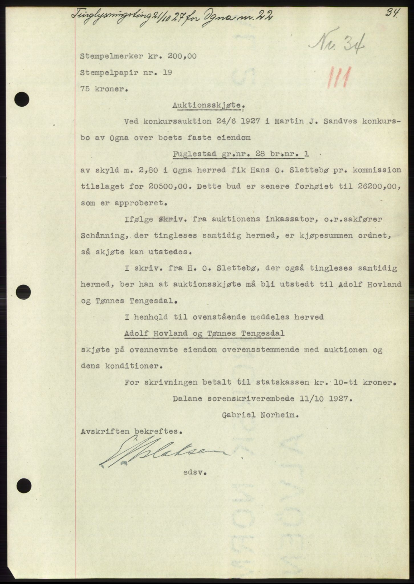 Dalane sorenskriveri, SAST/A-100309/02/G/Gb/L0058: Pantebok, 1926-1950, Tingl.dato: 21.10.1927