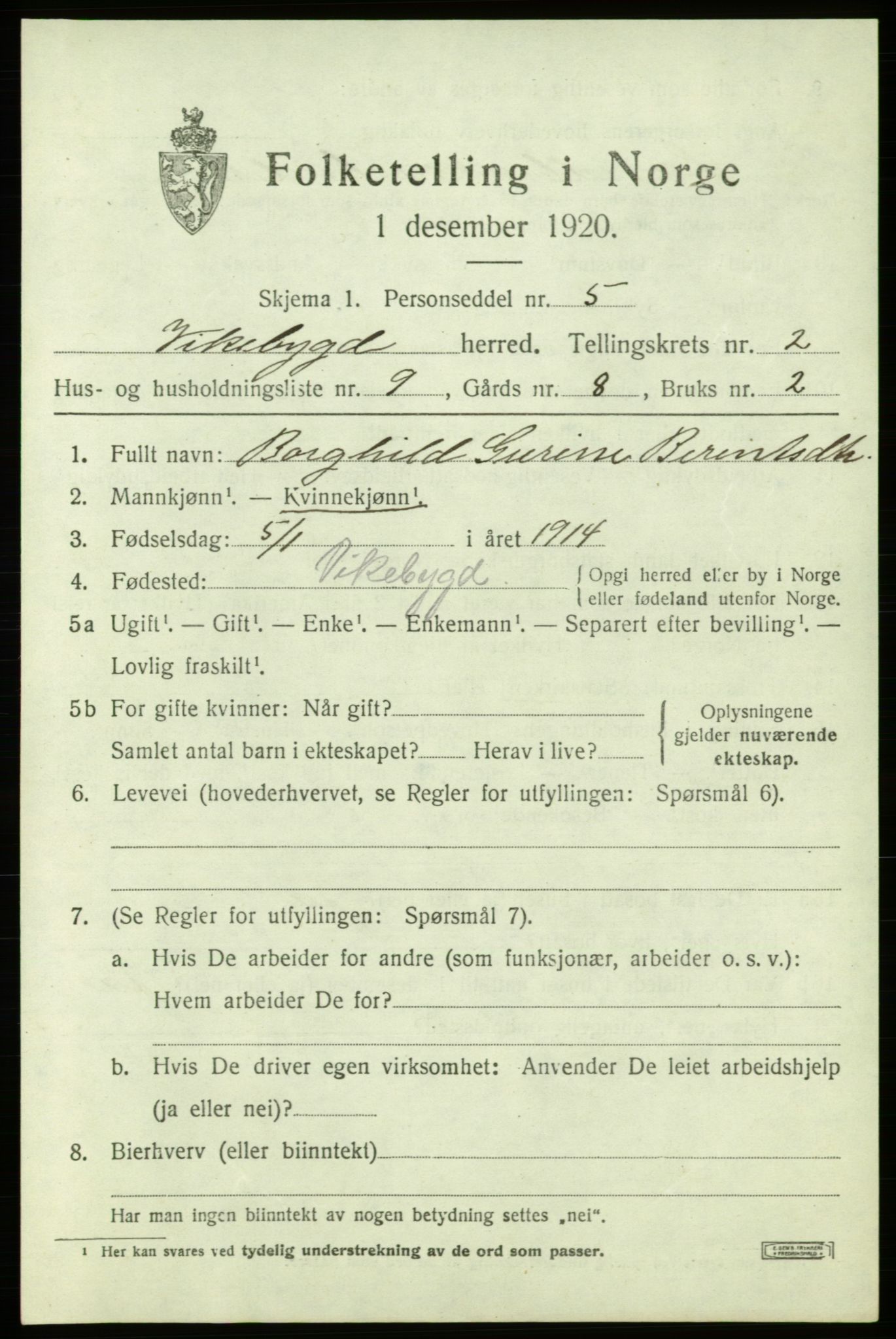 SAB, Folketelling 1920 for 1215 Vikebygd herred, 1920, s. 937