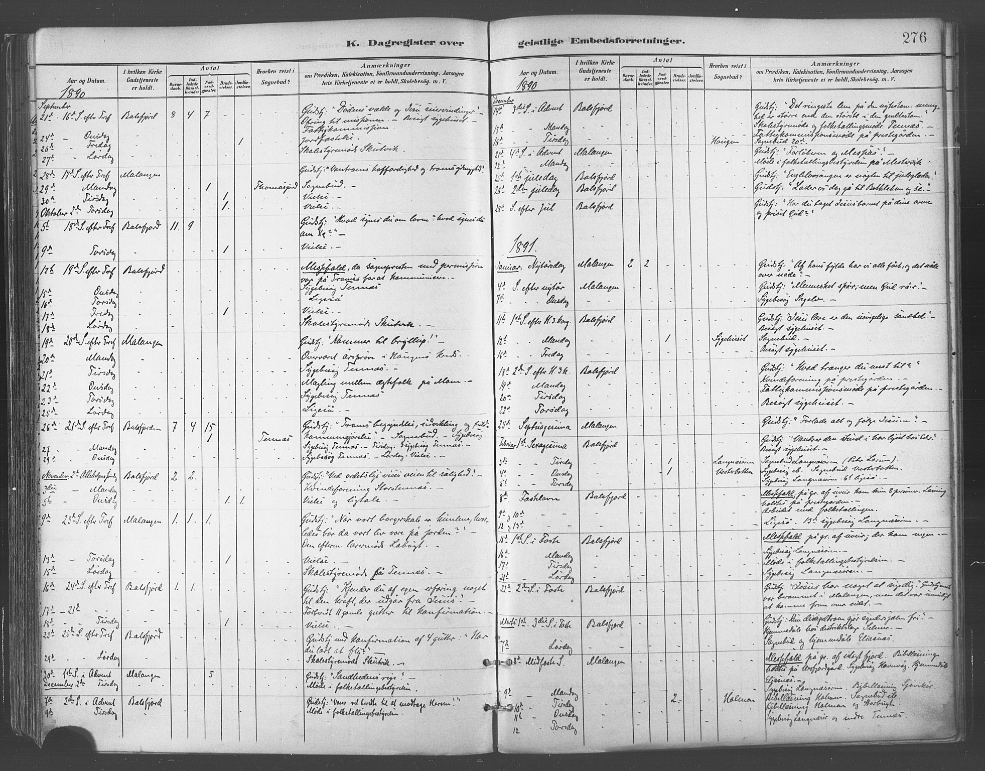 Balsfjord sokneprestembete, AV/SATØ-S-1303/G/Gaa/L0005kirke: Ministerialbok nr. 5, 1884-1897, s. 276
