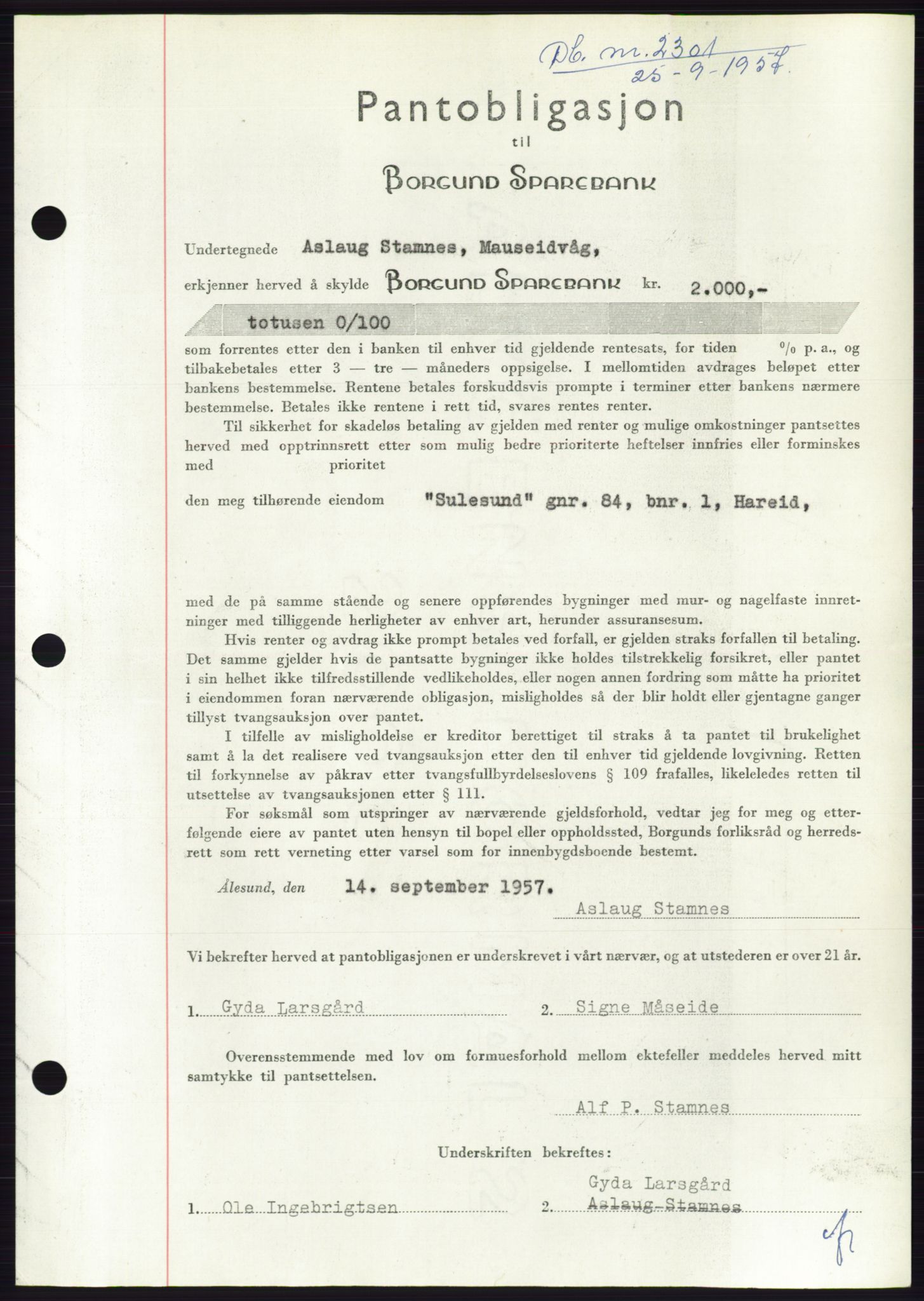 Søre Sunnmøre sorenskriveri, AV/SAT-A-4122/1/2/2C/L0130: Pantebok nr. 18B, 1957-1958, Dagboknr: 2301/1957