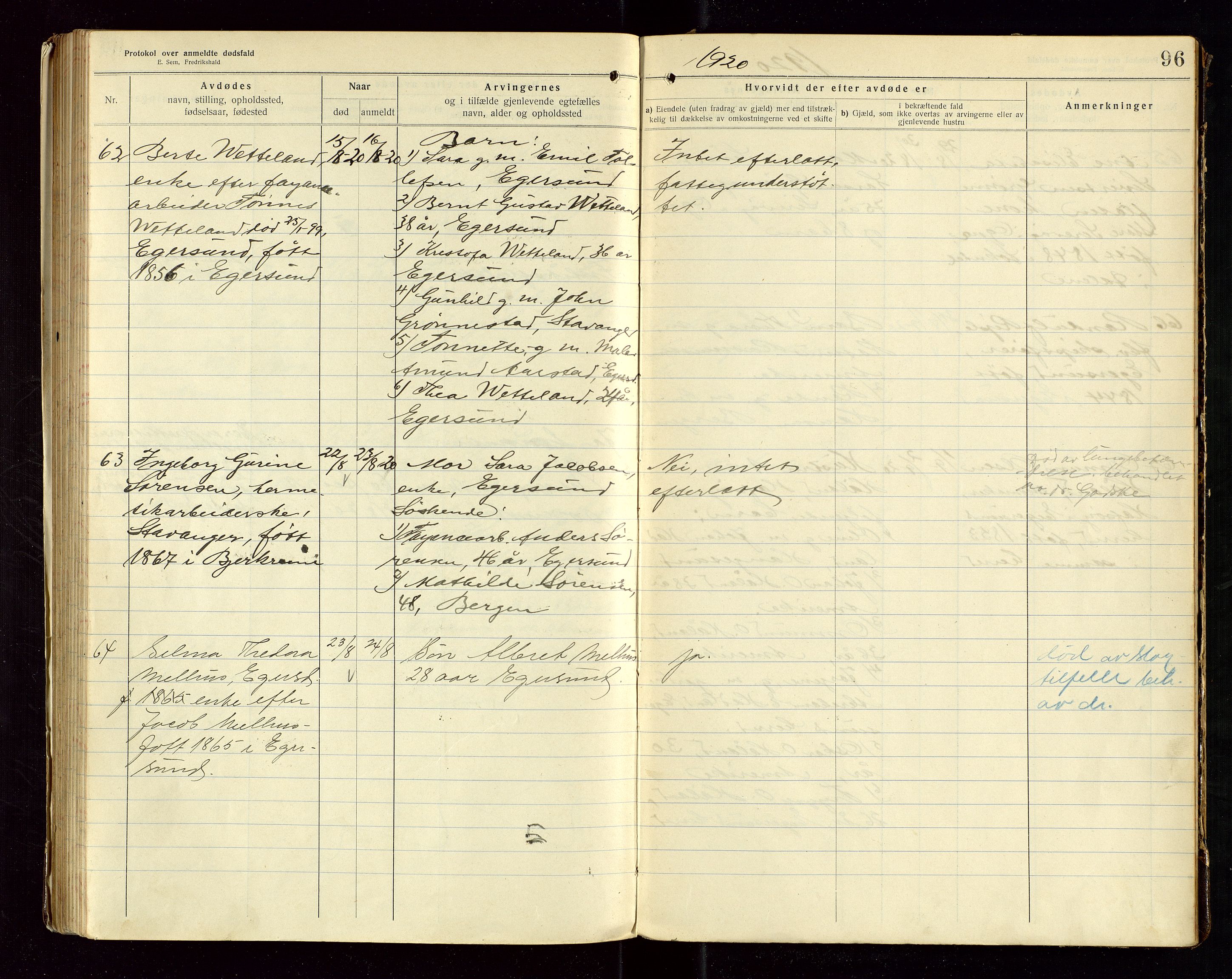 Eigersund lensmannskontor, SAST/A-100171/Gga/L0007: "Protokol over anmeldte dødsfald" m/alfabetisk navneregister, 1917-1920, s. 96