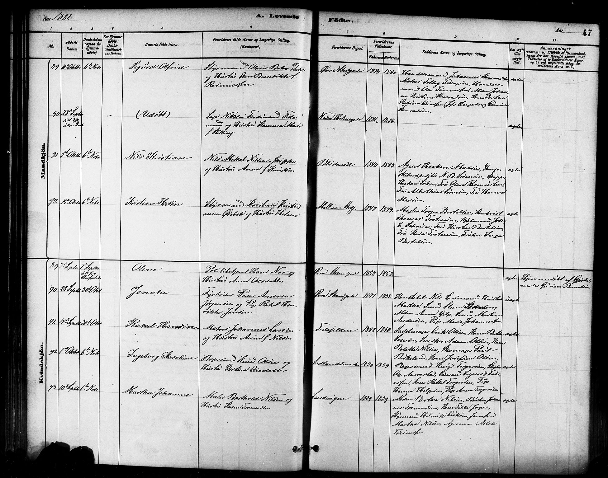 Domkirken sokneprestkontor, AV/SAST-A-101812/001/30/30BB/L0015: Klokkerbok nr. B 15, 1880-1891, s. 47
