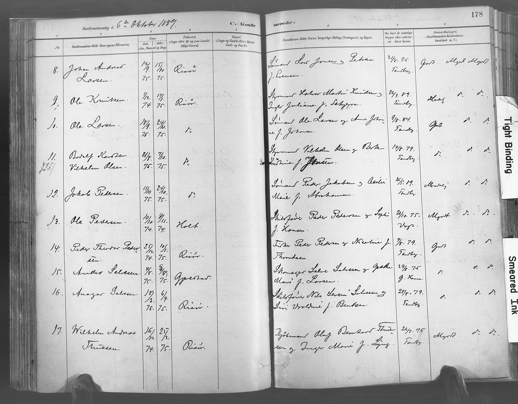 Risør sokneprestkontor, AV/SAK-1111-0035/F/Fa/L0005: Ministerialbok nr. A 5, 1883-1895, s. 178