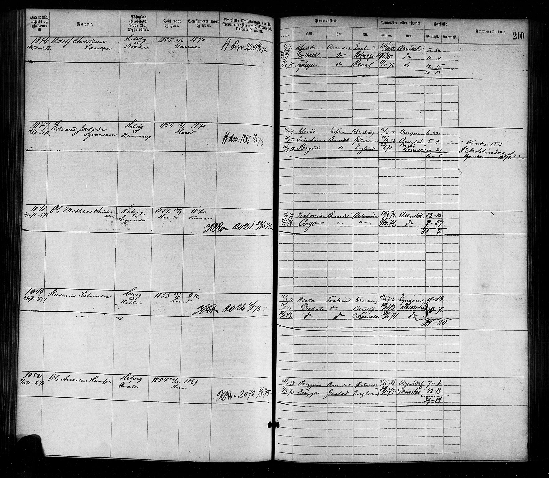 Farsund mønstringskrets, AV/SAK-2031-0017/F/Fa/L0001: Annotasjonsrulle nr 1-1920 med register, M-1, 1869-1877, s. 240