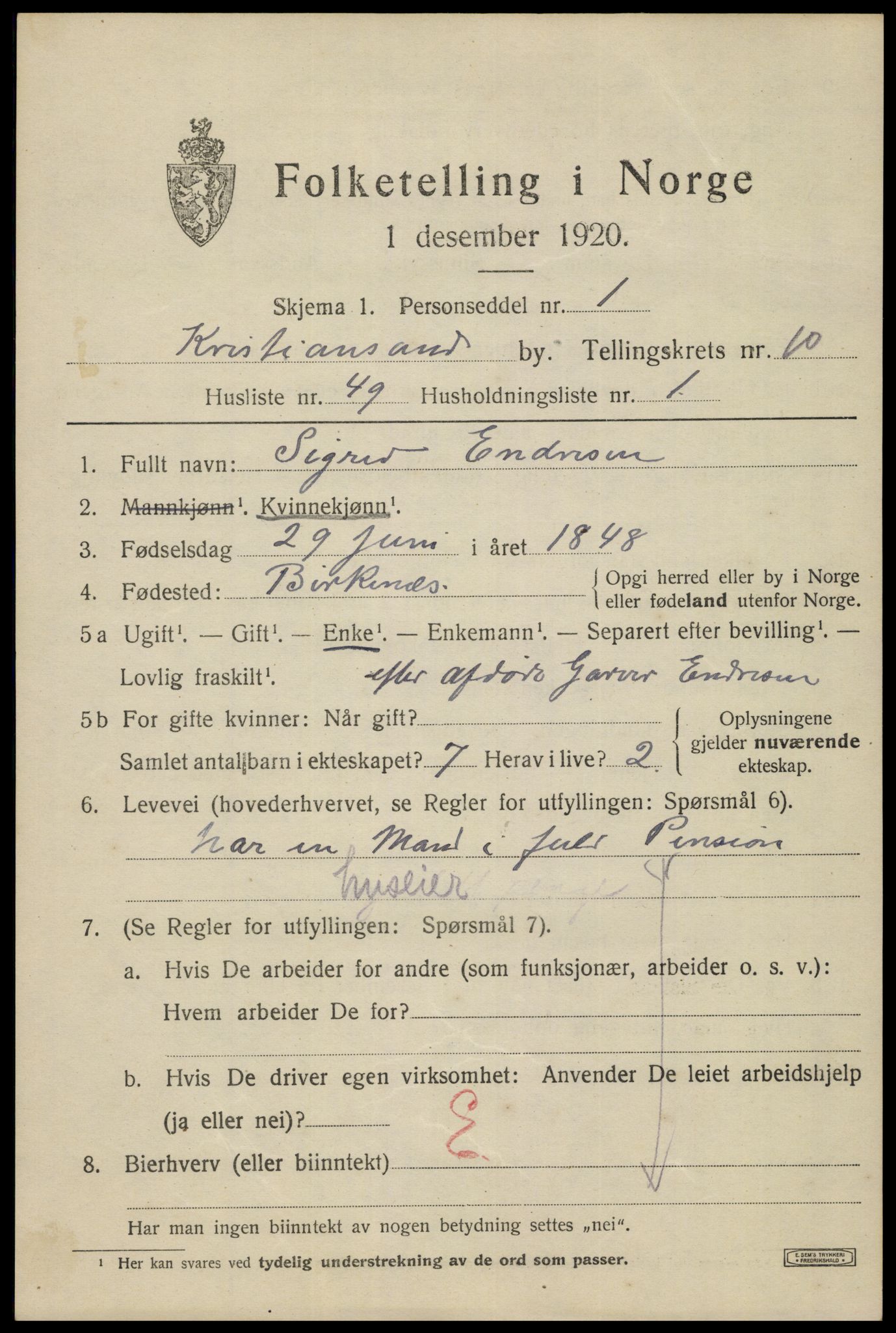 SAK, Folketelling 1920 for 1001 Kristiansand kjøpstad, 1920, s. 24577