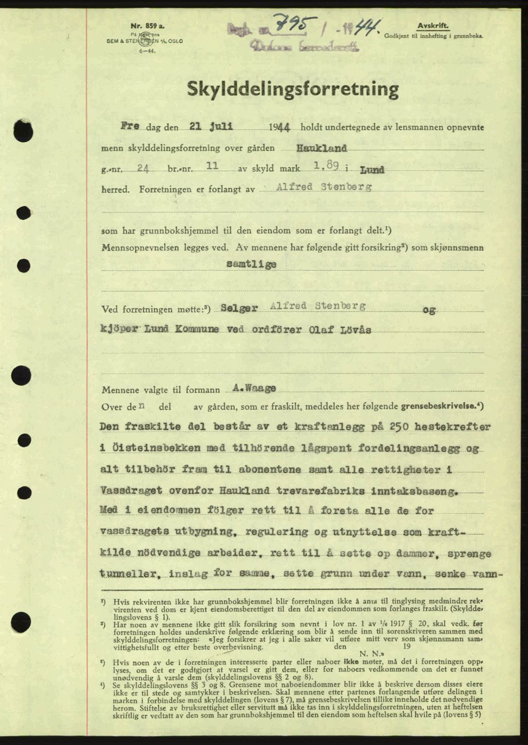 Dalane sorenskriveri, SAST/A-100309/02/G/Gb/L0047: Pantebok nr. A8 I, 1944-1945, Dagboknr: 795/1944