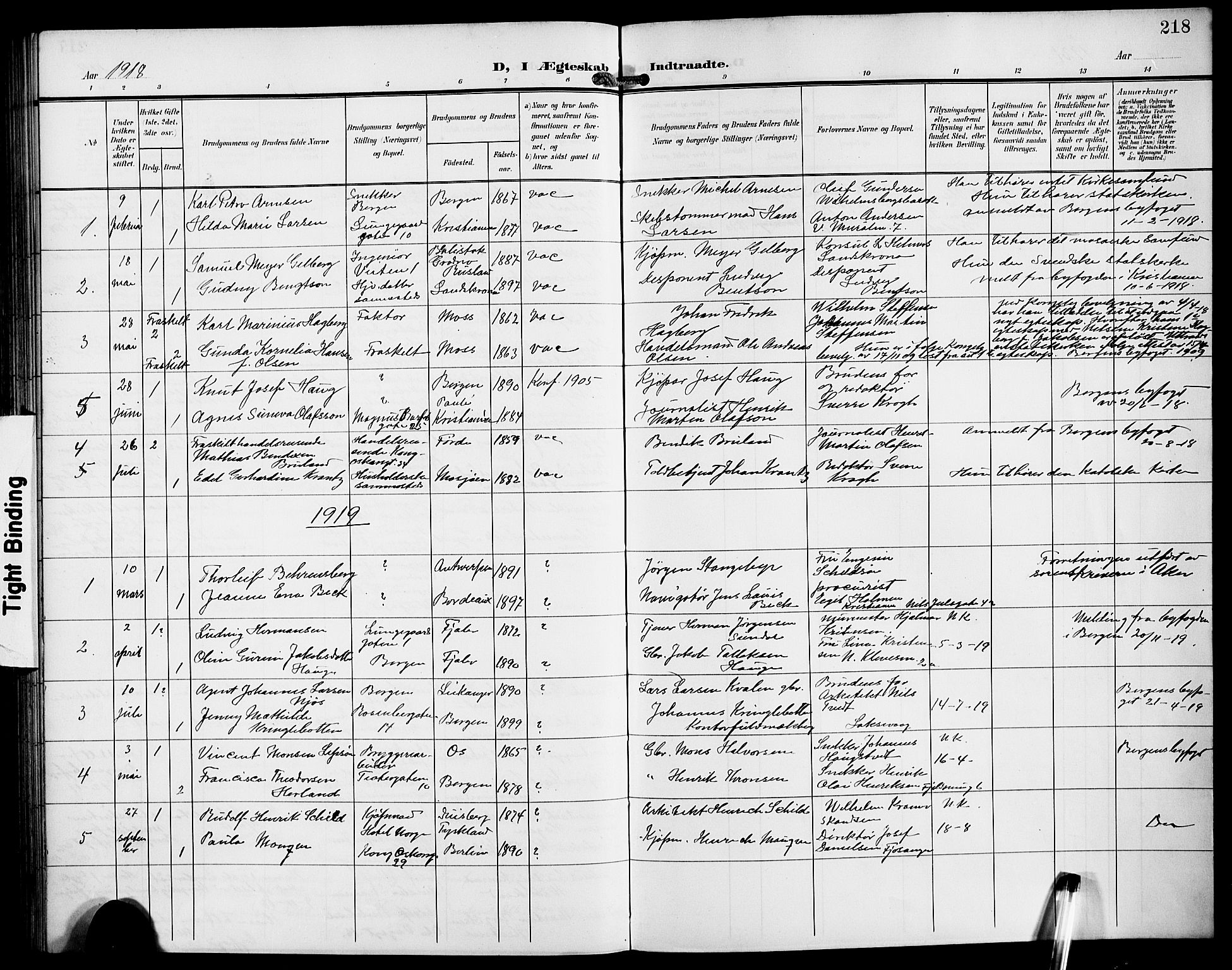 Domkirken sokneprestembete, AV/SAB-A-74801/H/Hab/L0033: Klokkerbok nr. D 5, 1907-1924, s. 218