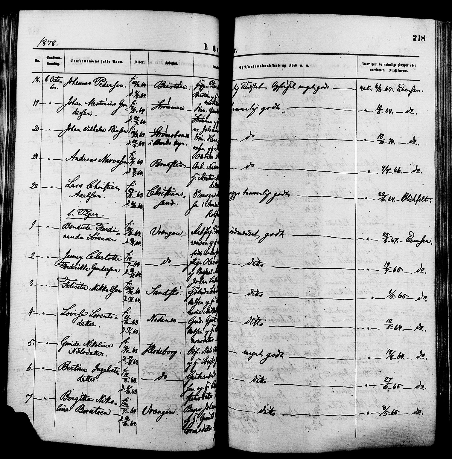 Øyestad sokneprestkontor, AV/SAK-1111-0049/F/Fa/L0016: Ministerialbok nr. A 16, 1874-1886, s. 218