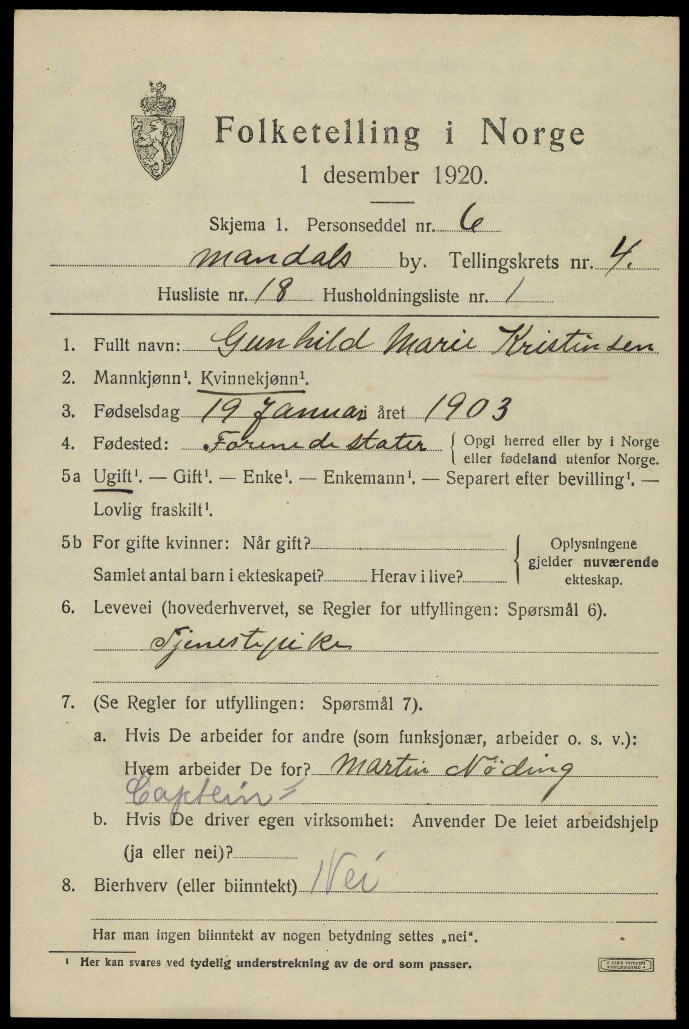 SAK, Folketelling 1920 for 1002 Mandal ladested, 1920, s. 7207