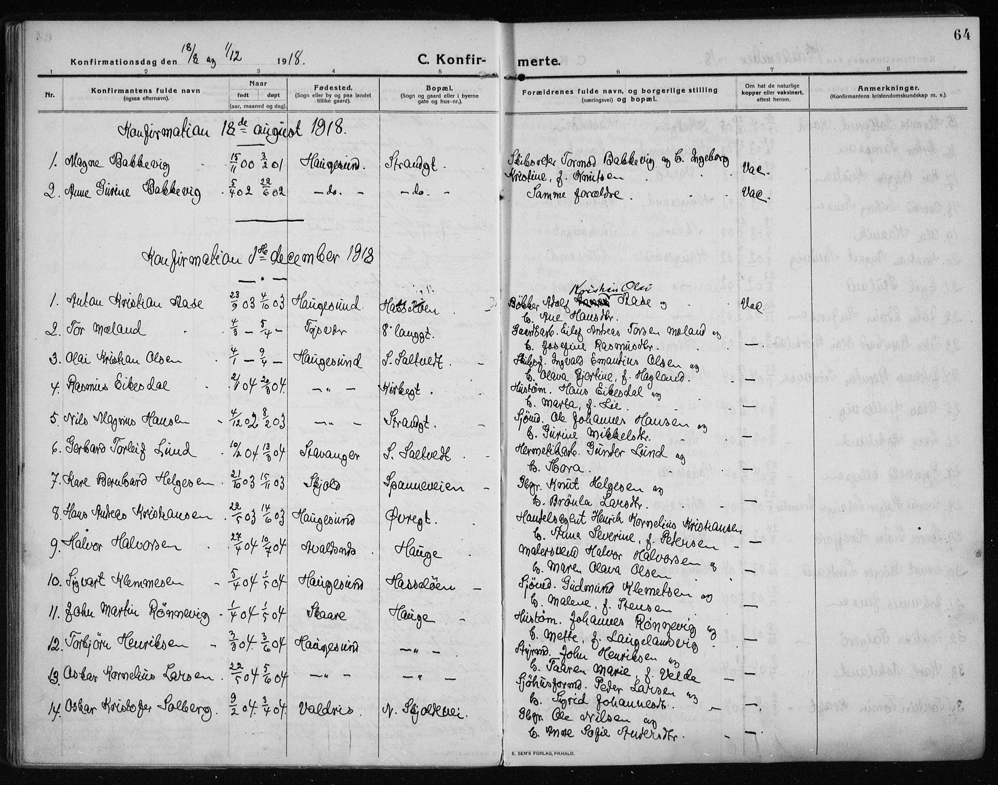 Haugesund sokneprestkontor, AV/SAST-A -101863/H/Ha/Haa/L0009: Ministerialbok nr. A 9, 1914-1929, s. 64