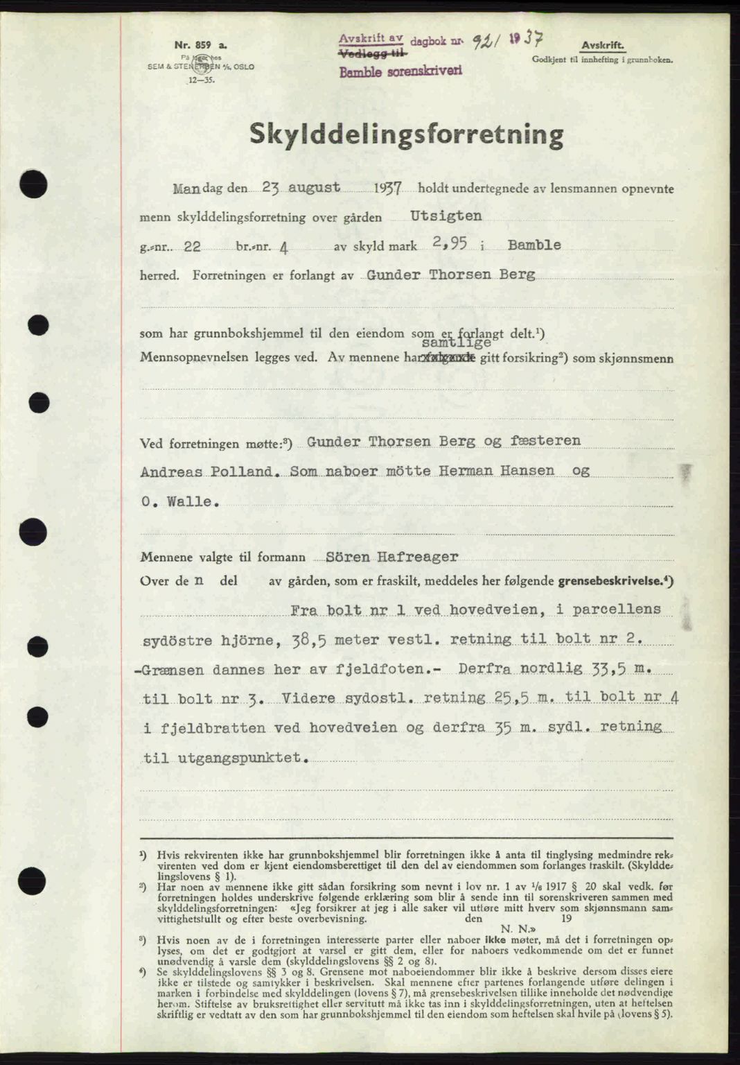 Bamble sorenskriveri, AV/SAKO-A-214/G/Ga/Gag/L0002: Pantebok nr. A-2, 1937-1938, Dagboknr: 921/1937