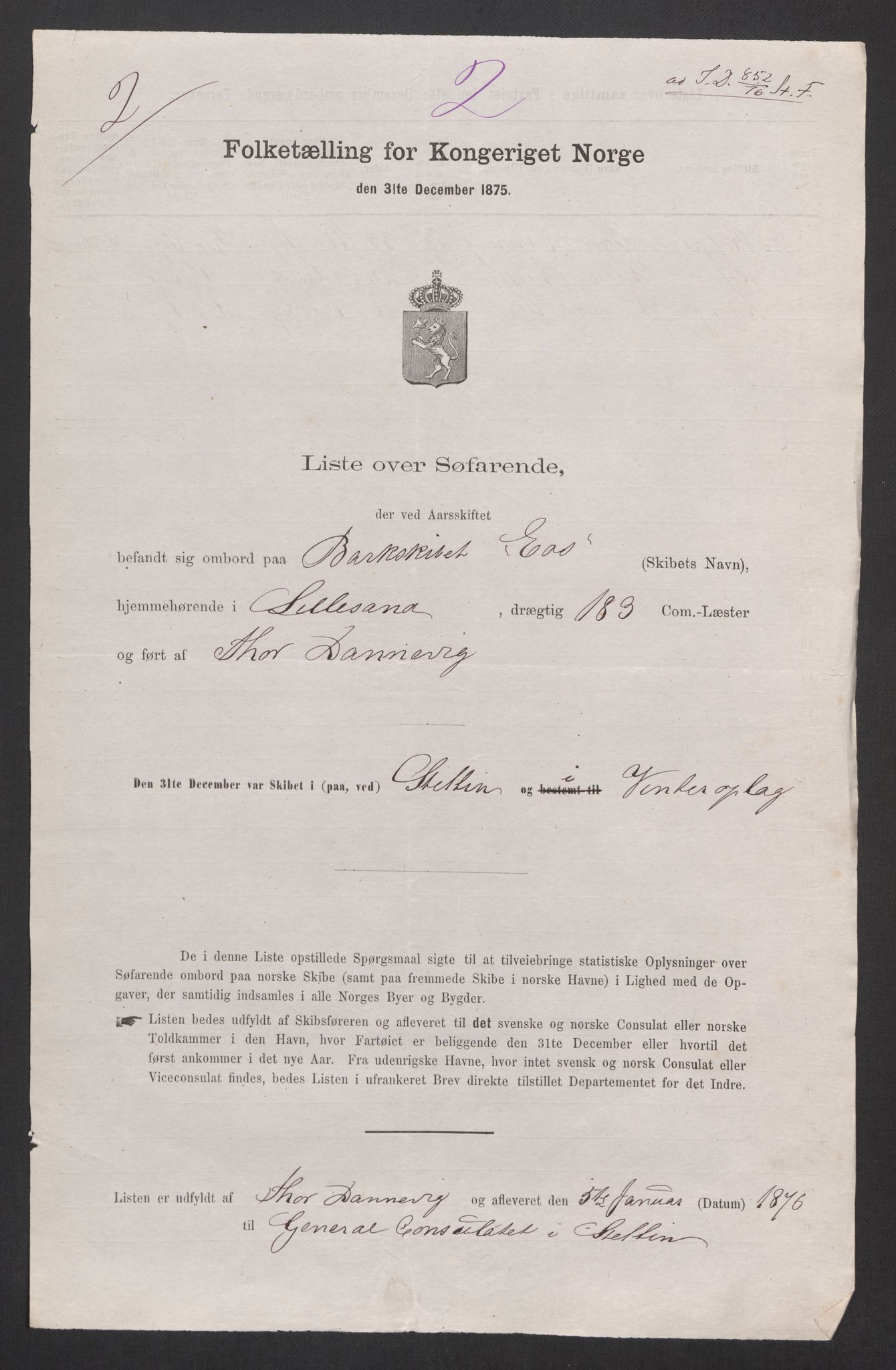 RA, Folketelling 1875, skipslister: Skip i utenrikske havner, hjemmehørende i 1) byer og ladesteder, Grimstad - Tromsø, 2) landdistrikter, 1875, s. 189