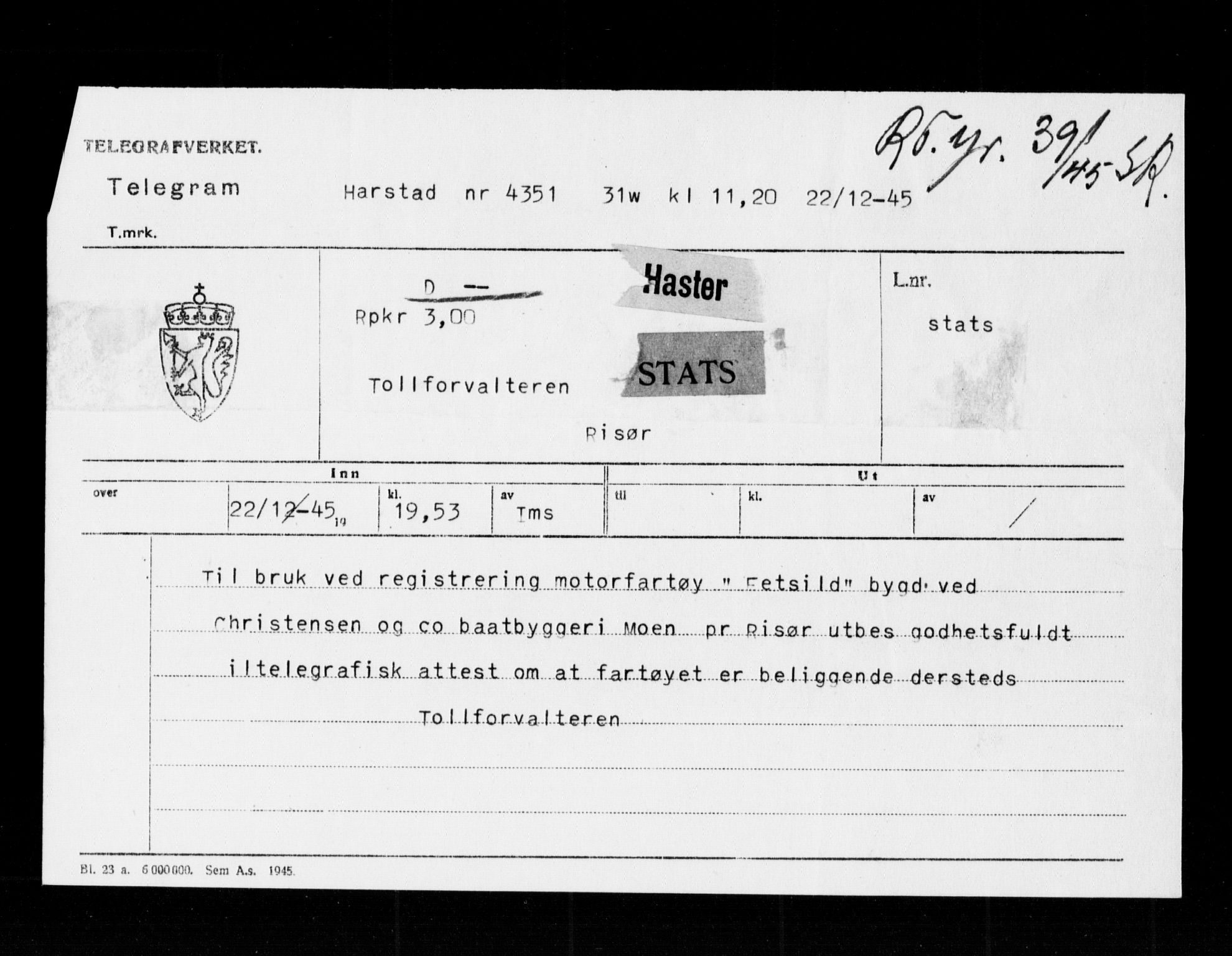 Risør tollsted, SAK/1351-0010/H/Ha/L0320: Skipsregisteret. Journalsaker, 1861-1957, s. 418