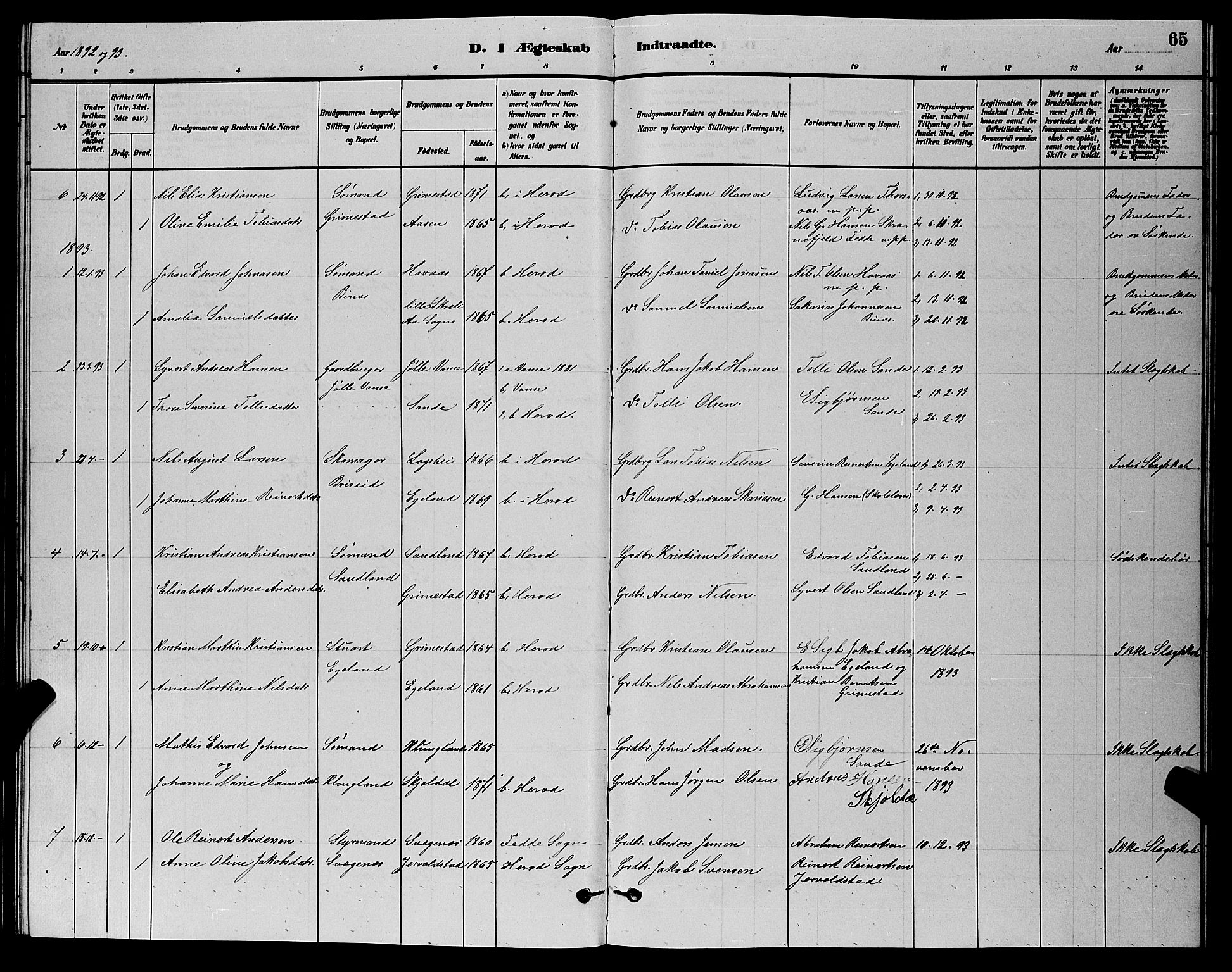 Herad sokneprestkontor, AV/SAK-1111-0018/F/Fb/Fba/L0004: Klokkerbok nr. B 4, 1882-1899, s. 65