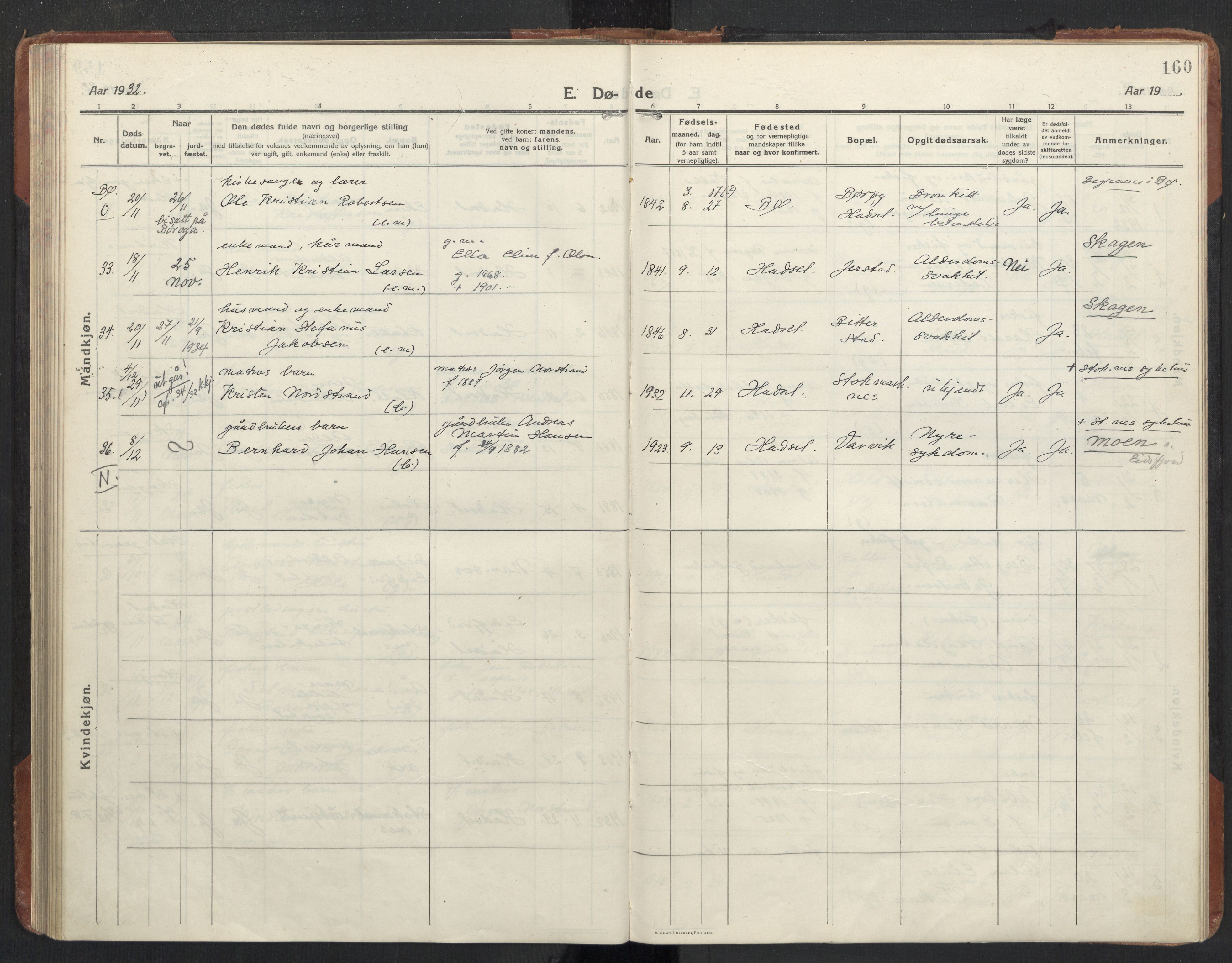 Ministerialprotokoller, klokkerbøker og fødselsregistre - Nordland, AV/SAT-A-1459/888/L1269: Klokkerbok nr. 888C11, 1913-1937, s. 160