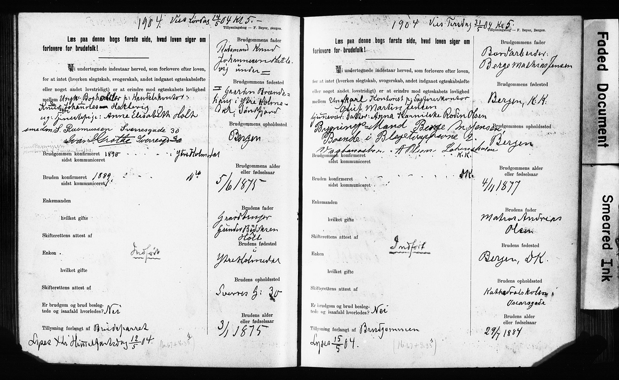 Domkirken sokneprestembete, SAB/A-74801: Forlovererklæringer nr. II.5.11, 1899-1910, s. 147