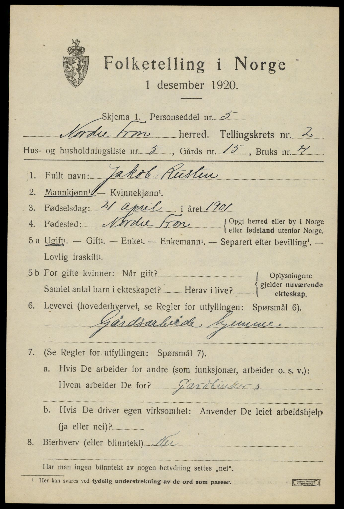 SAH, Folketelling 1920 for 0518 Nord-Fron herred, 1920, s. 2710